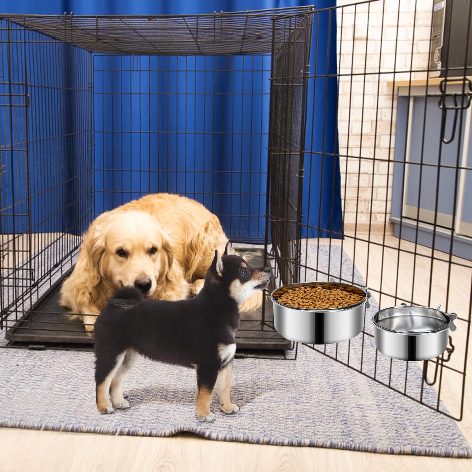 Yummy Sam 2 cuencos pequeños para comida y agua para perros con soporte de abrazadera mejorado, cuencos colgantes de acero inoxidable detectables