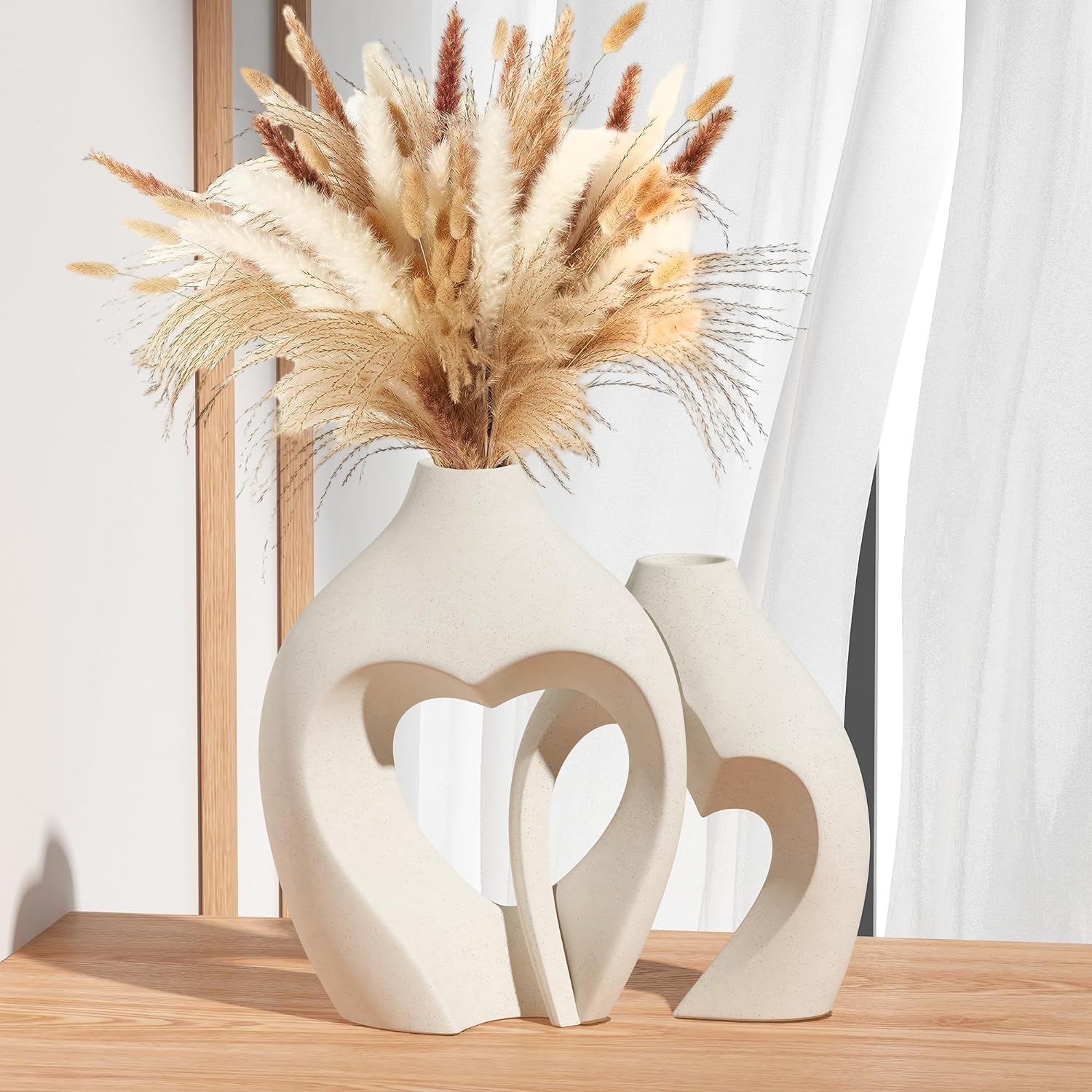 Jarrones blancos para decoración, juego de 2 jarrones de cerámica en forma de corazón, jarrones nórdicos en forma de corazón, jarrón decorativo