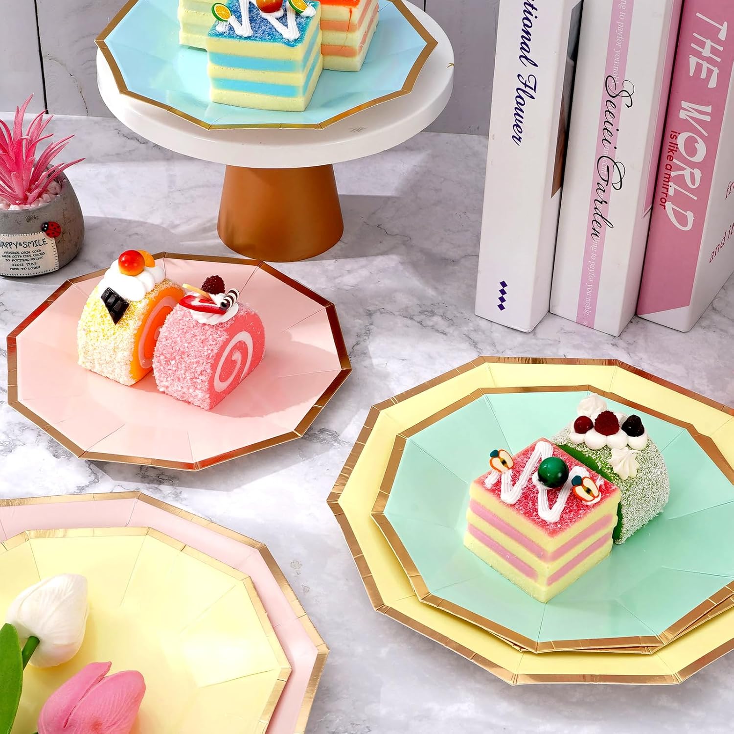 Whaline 48 platos de papel pastel de 7 pulgadas y 9 pulgadas Decagon desechables con ribete dorado para bodas, fiestas de cumpleaños, vacaciones,