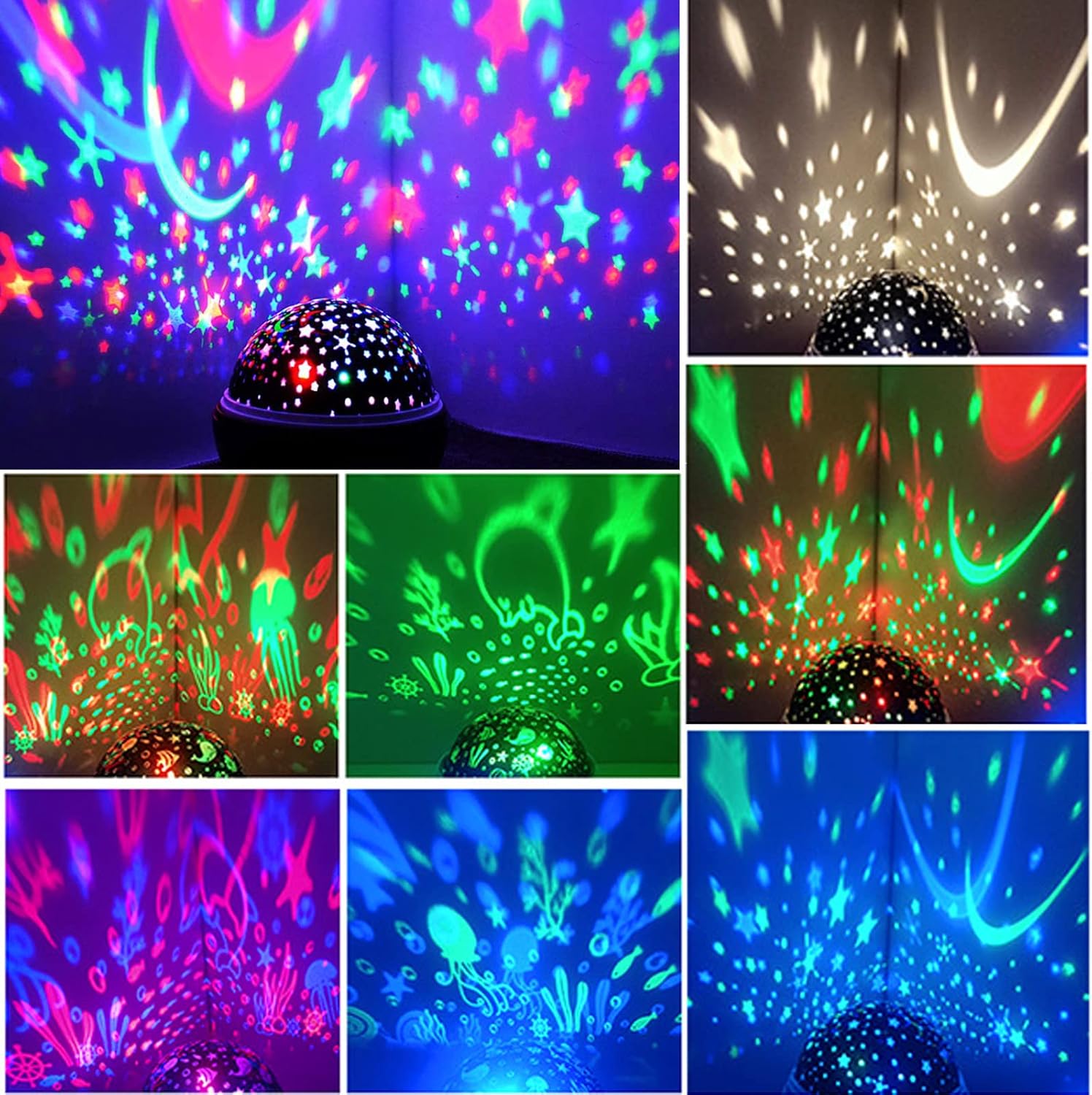Proyector de luz nocturna de rotación de 360 grados para niños, proyector de luna y estrella, luz nocturna de 8 colores cambiantes, luces nocturnas