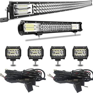 Barra de luz LED de 52 pulgadas, 711 W, curvada + 20 pulgadas, 288 W, triple fila de inundación, combo de haz de luz combinado, 4 unidades, 4 Barra de luz LED de 52 pulgadas, 711 W, curvada + 20 pulgadas, 288 W, triple fila de inundación, combo de haz de luz combinado, 4 unidades, 4