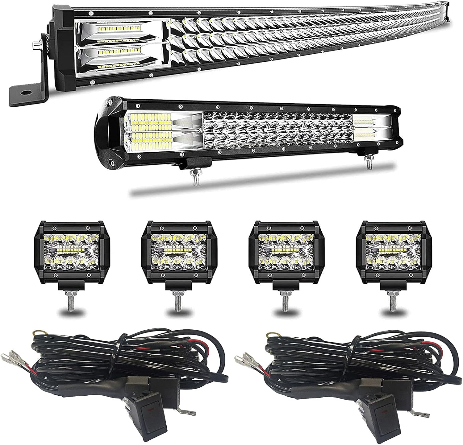 Barra de luz LED de 52 pulgadas, 711 W, curvada + 20 pulgadas, 288 W, triple fila de inundación, combo de haz de luz combinado, 4 unidades, 4