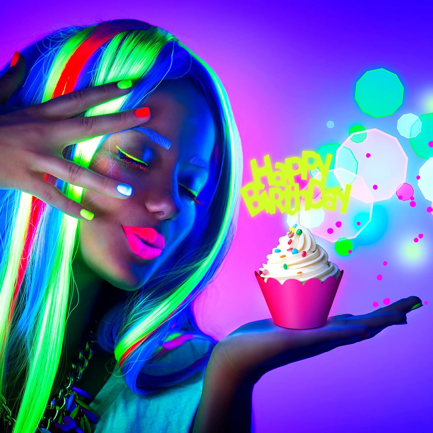 40 piezas que brillan en la oscuridad, decoraciones de neón para cupcakes que brillan en la oscuridad, suministros de fiesta de neón para cupcakes