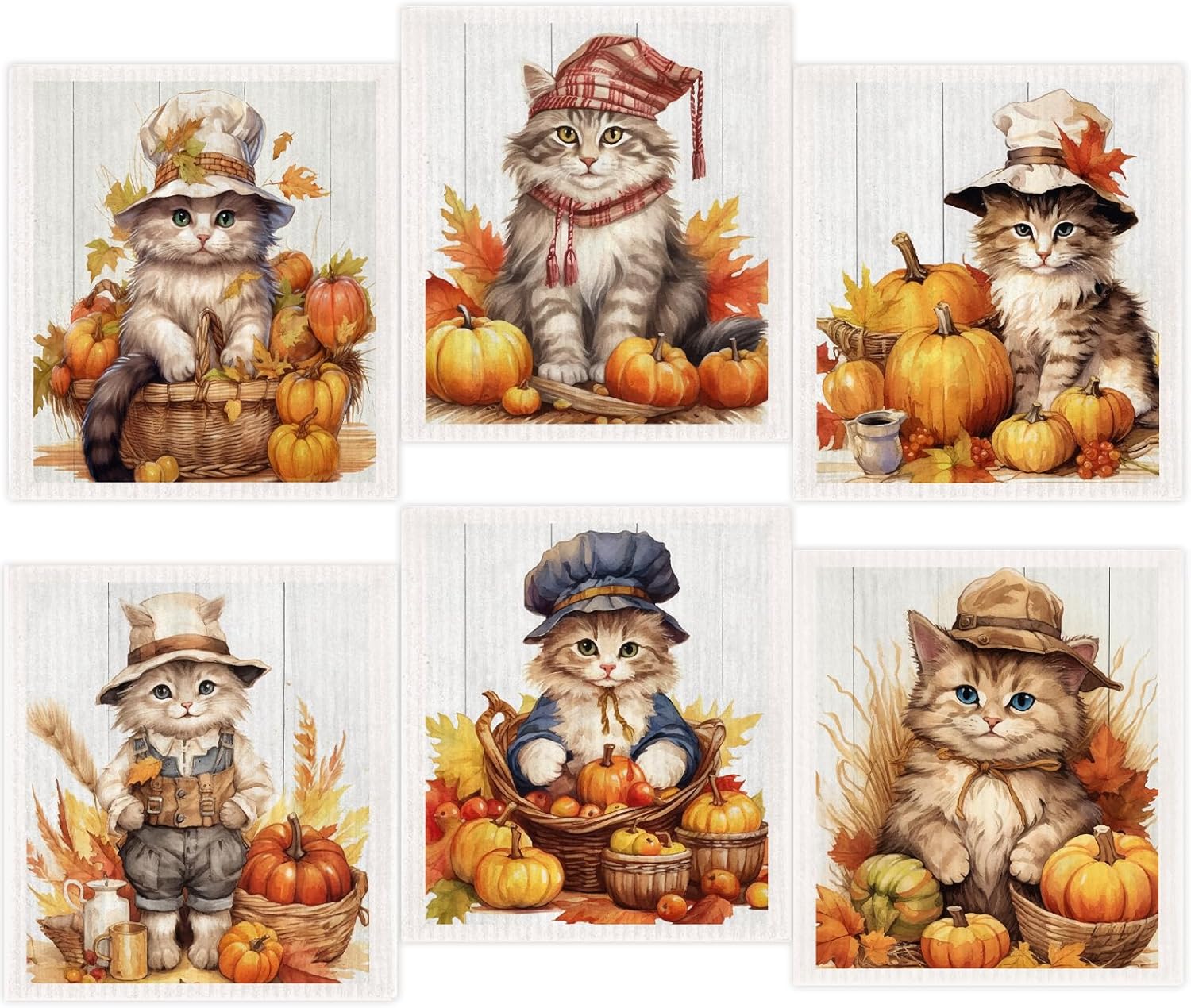 Morigins Paños de cocina suecos para cocina, paquete de 6 paños de cocina suecos con calabaza, gato, paños de esponja de celulosa, toallas de papel