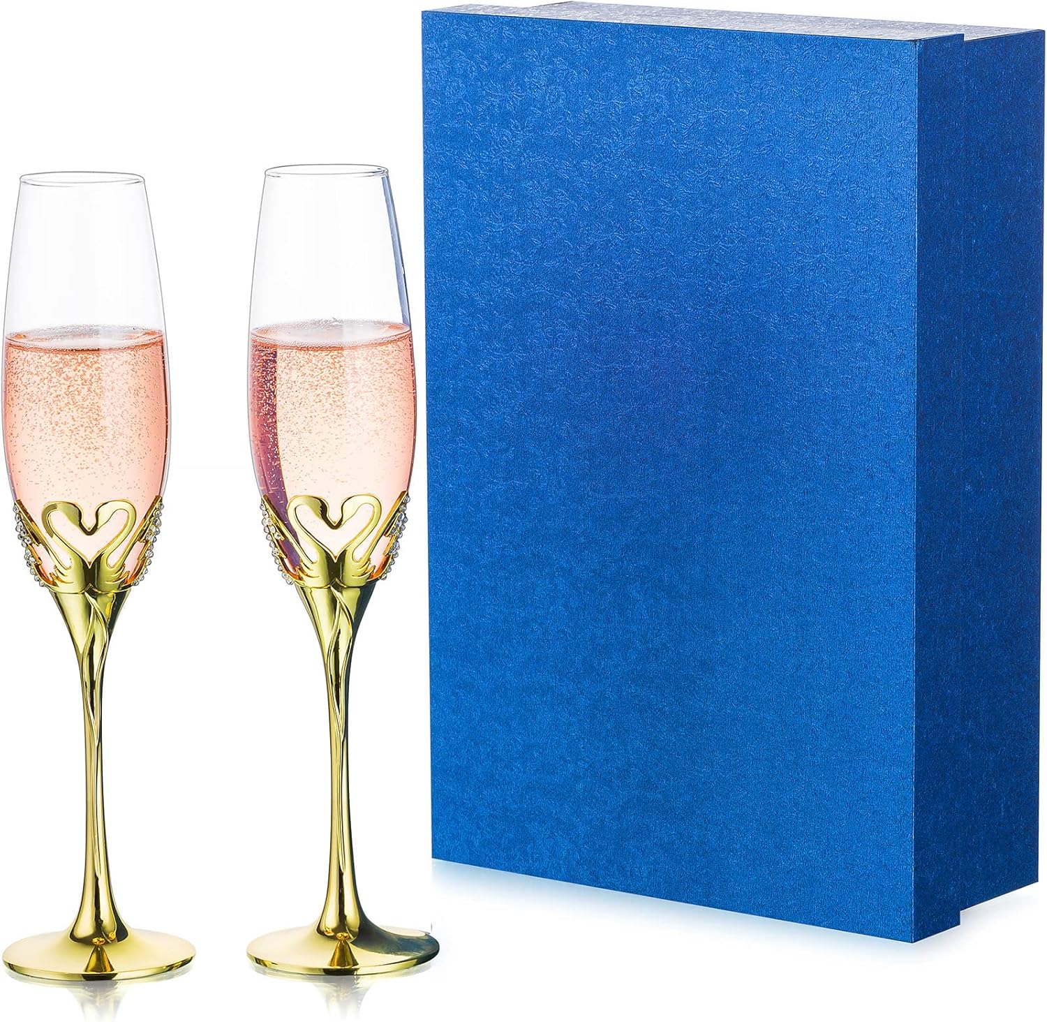 NUPTIO Copas de champán doradas Juego de 2 copas de cristal para brindis de champán de boda dorado con caja de regalo para novia, novio, parejas,