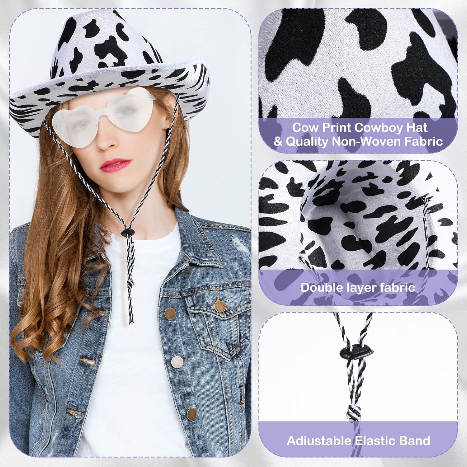 SATINIOR 9 unidades de sombrero de vaquero con estampado de vaca rosa, gafas en forma de corazón, pañuelos de vaquero de cachemira, sombrero de
