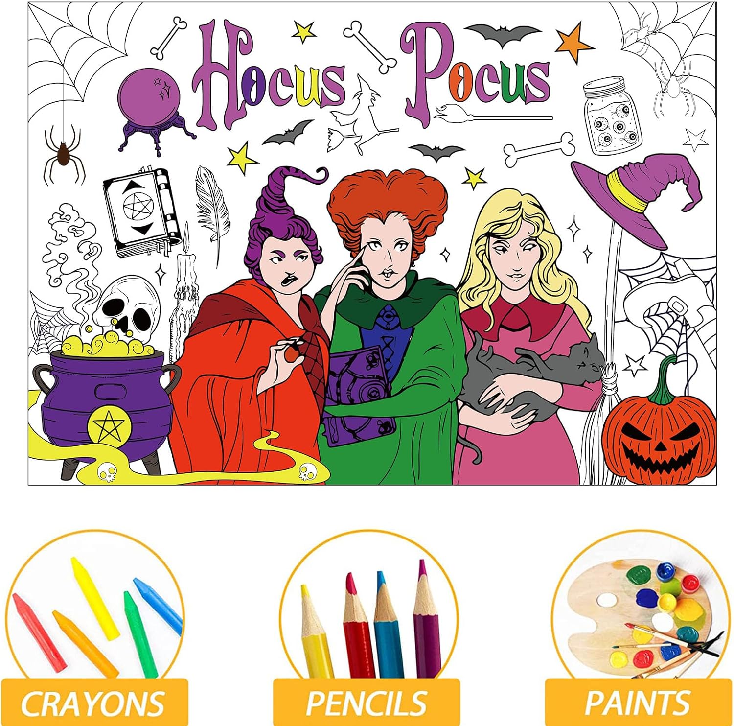 Hocus Pocus, recuerdos de fiesta de Halloween, libro para colorear de bruja, póster gigante para colorear, mantel grande para colorear, cubierta de