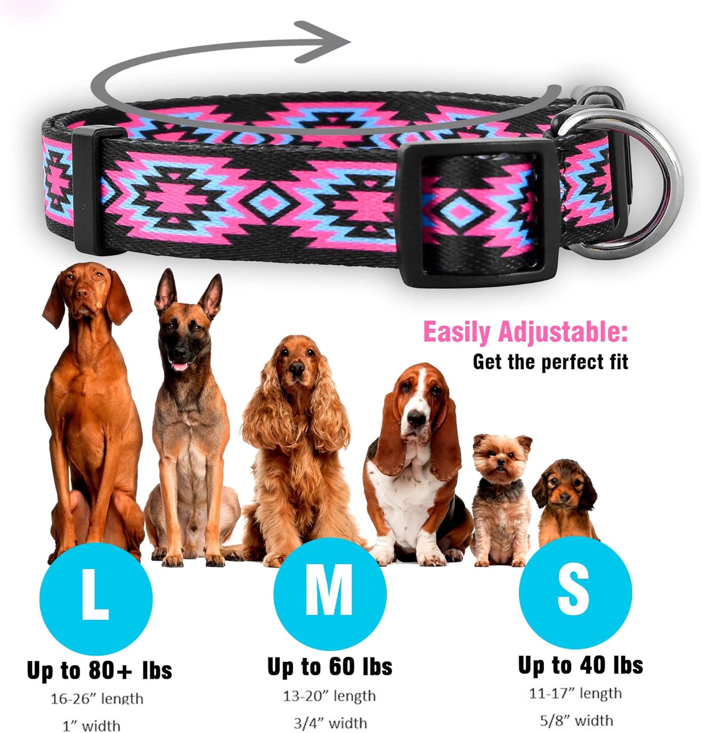 Native Pup Collar de perro occidental, bonito diseño azteca tribal, macho y hembra (L, rosa)