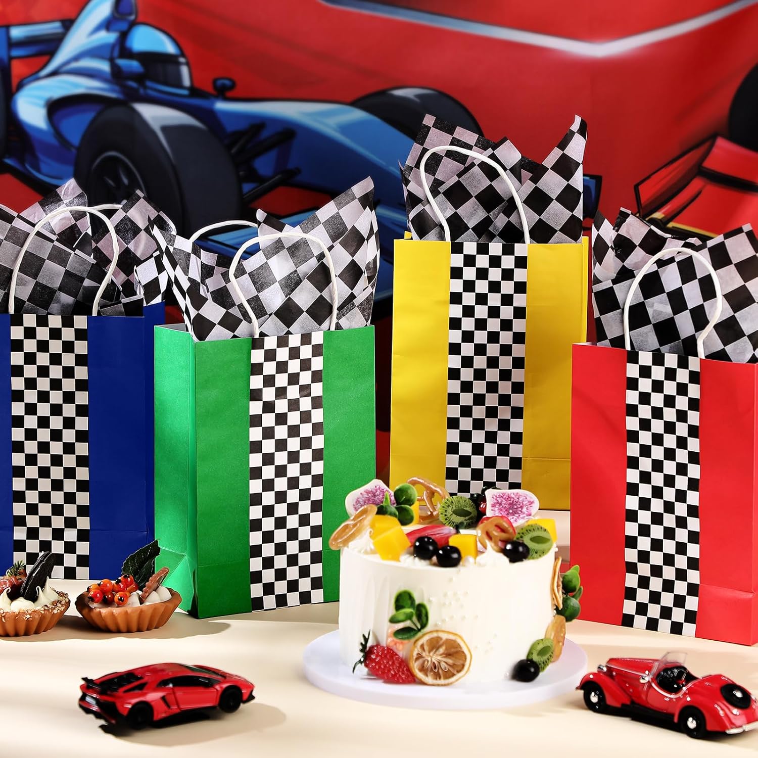 Glenmal Paquete de 16 bolsas de regalo para autos de carreras con papel de seda a granel de 8.3 x 5.9 x 3.1 pulgadas, bolsas de recuerdo de fiesta