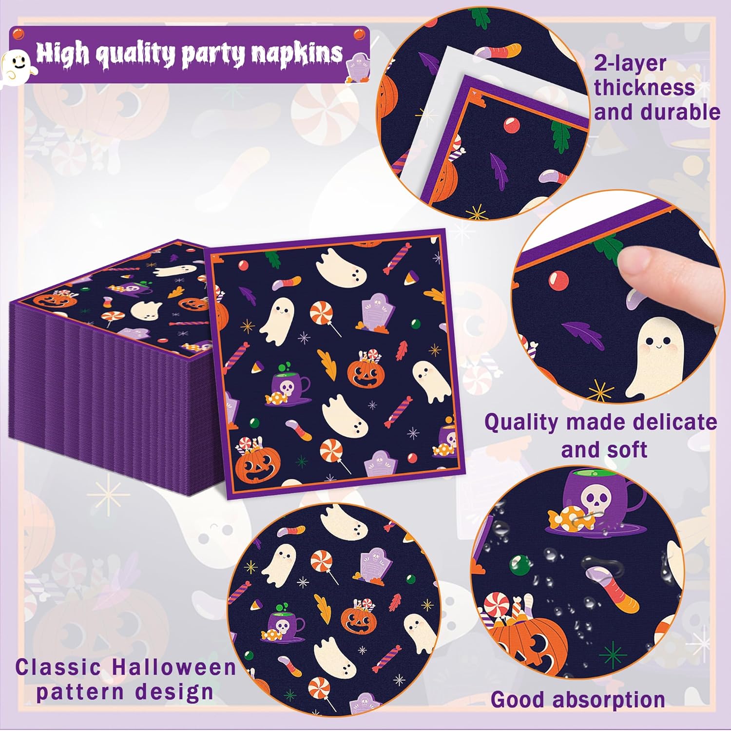 Juego de 202 piezas de vajilla desechable para fiesta de cumpleaños de Halloween, color morado, para 24 platos de calabaza, tazas, manteles de