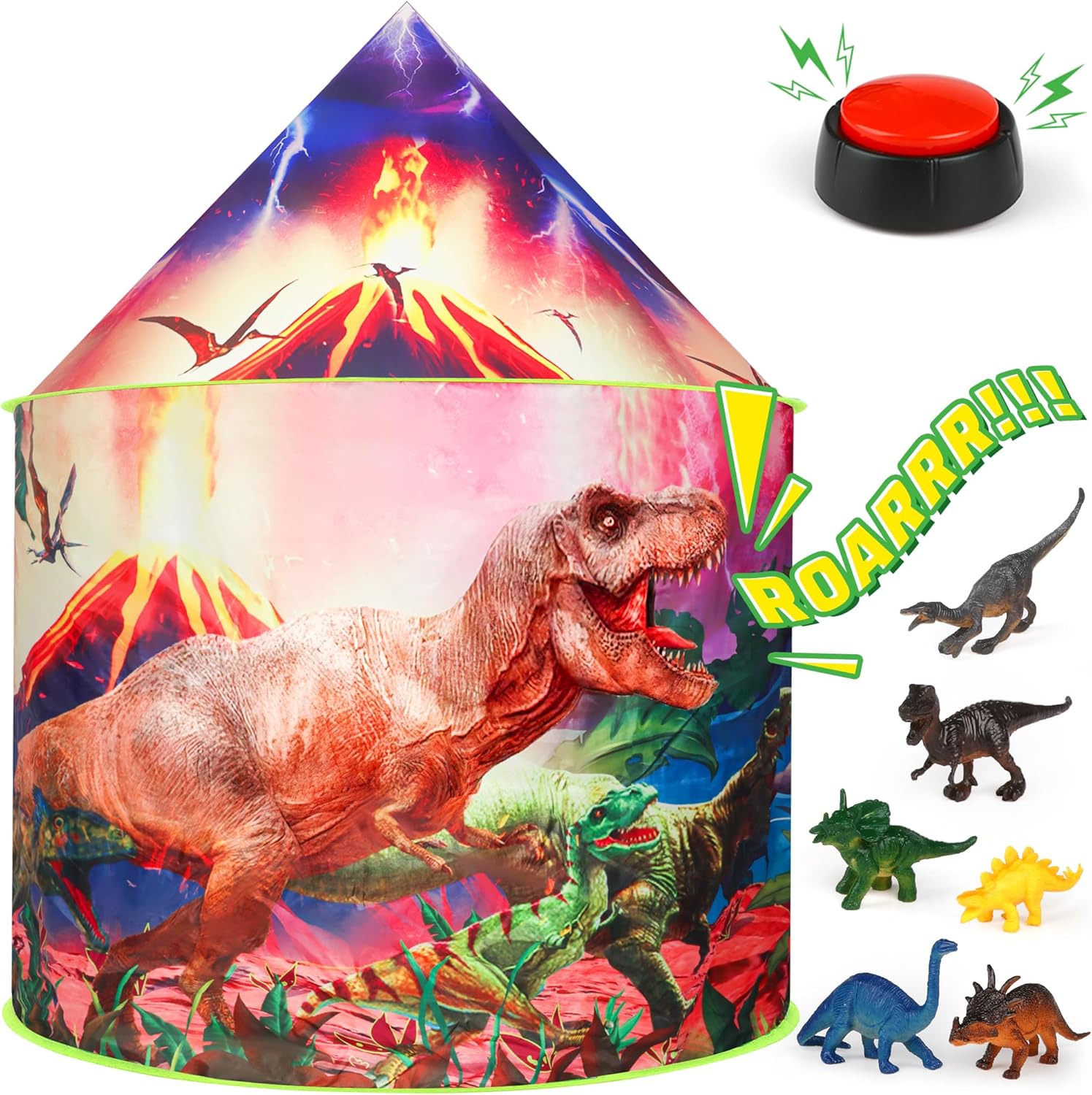 HopeRock Tienda de campaña para niños con botón de rugido, tienda de campaña de dinosaurio para niños y niñas con juguetes de dinosaurio para niños