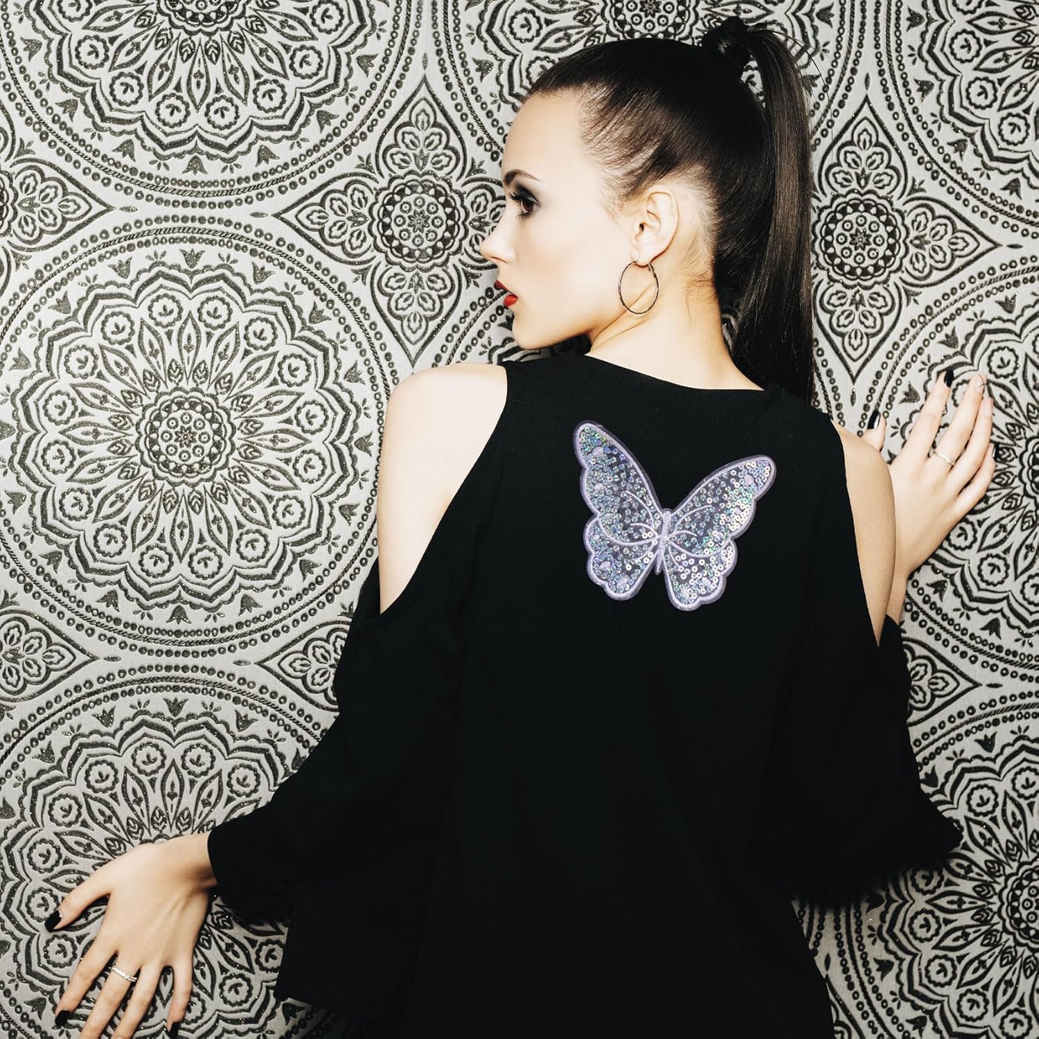 CustomyLife 4 parches de mariposa para planchar, coser en apliques de mariposas de lentejuelas, parche bordado brillante, accesorios de disfraz para