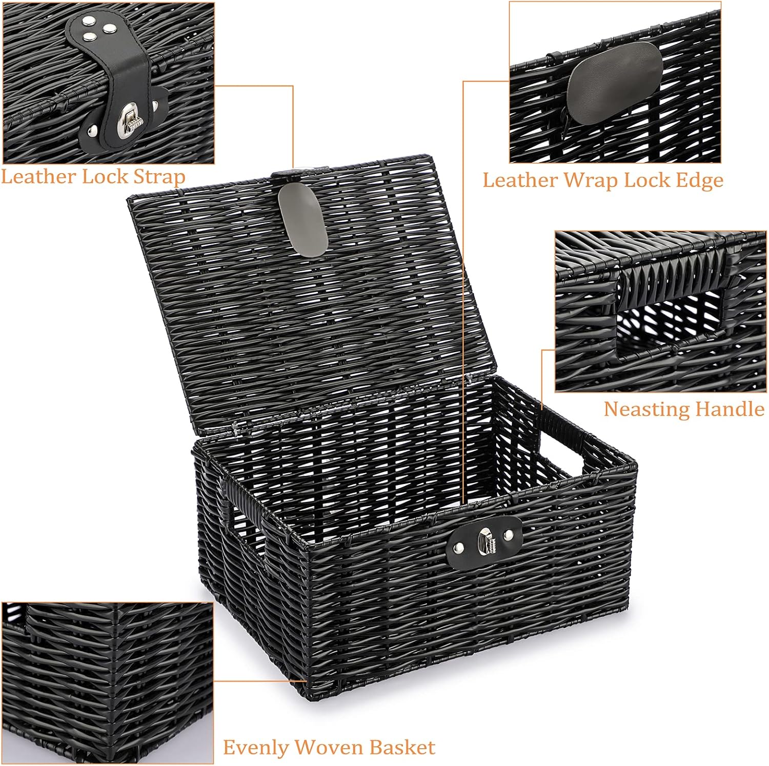 Hipiwe Cajas de almacenamiento decorativas con tapas y cerradura, cesta tejida negra, asas de transporte integradas, cesta de plástico con tapa,