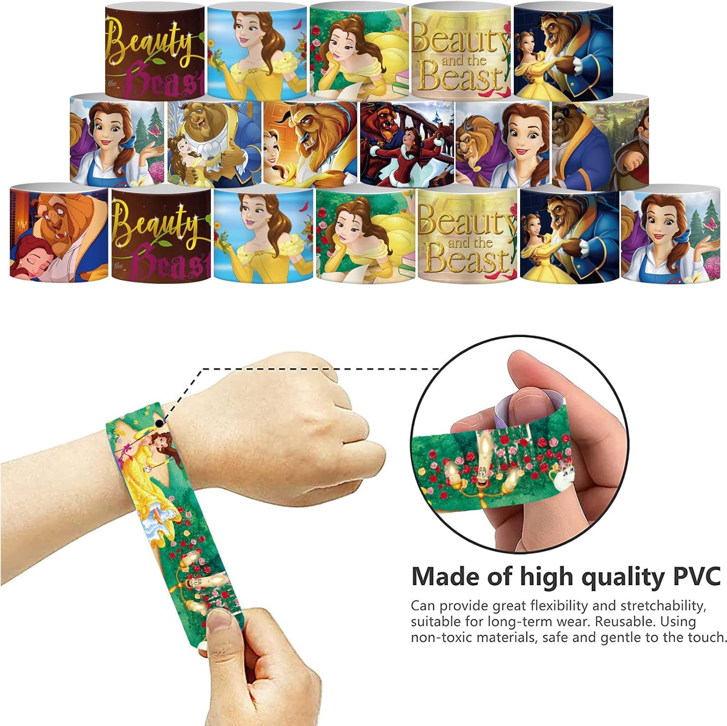 Juego de 86 pulseras de la Bella y la Bestia, incluye 36 pulseras y 50 calcomanías de La Bella y la Bestia, recuerdos de fiesta de cumpleaños con