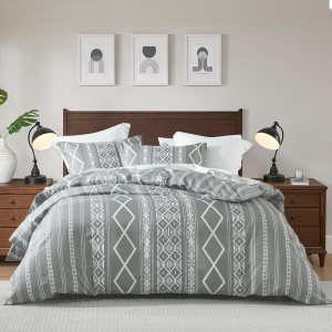 Funda de edredón geométrica tamaño King  100% algodón abstracto gris bohemio patrón impreso, juego de funda de edredón de 3 piezas incluye 1 funda Funda de edredón geométrica tamaño King  100% algodón abstracto gris bohemio patrón impreso, juego de funda de edredón de 3 piezas incluye 1 funda