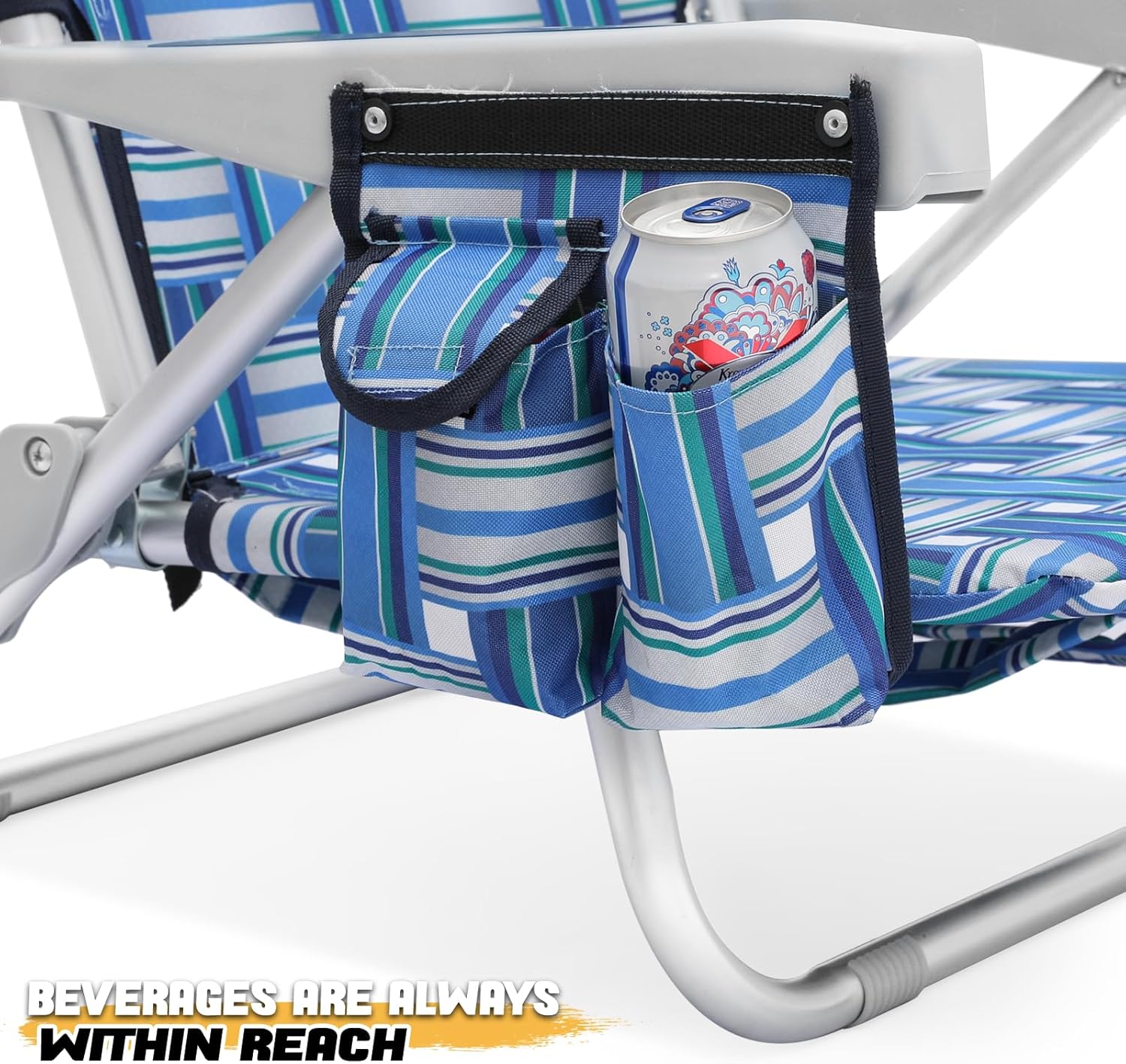 MoNiBloom Asiento de perfil bajo, ligero, portátil, plegable, silla de playa con soporte para tazas, bolsa enfriadora, resistente al aire libre,