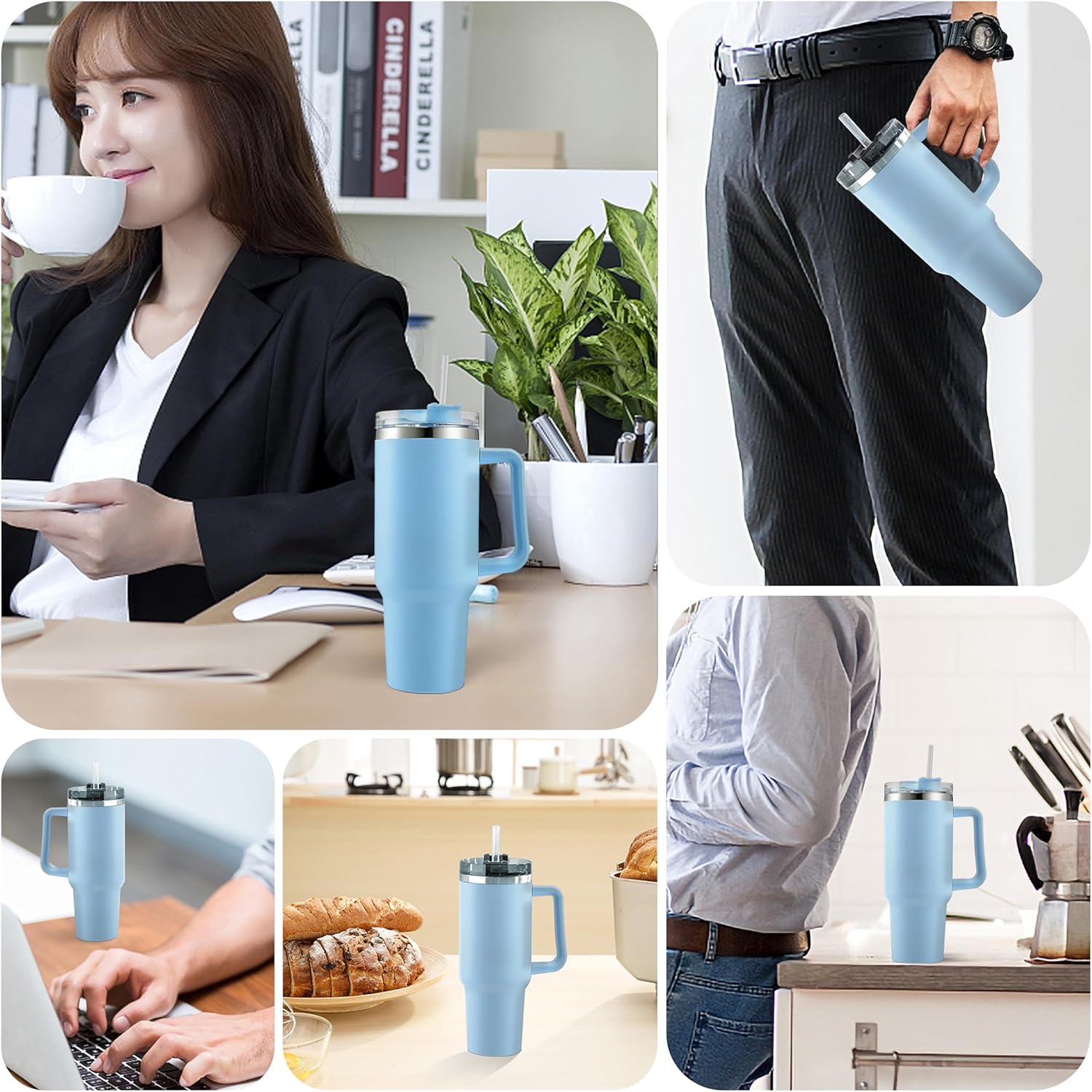 Quencher 40 oz Stainless Steel Tumbler with Handle,Iced Tea or Coffee, Durable Powder Coated Water Bottle, 2 sets of dust plugs for straws and cup