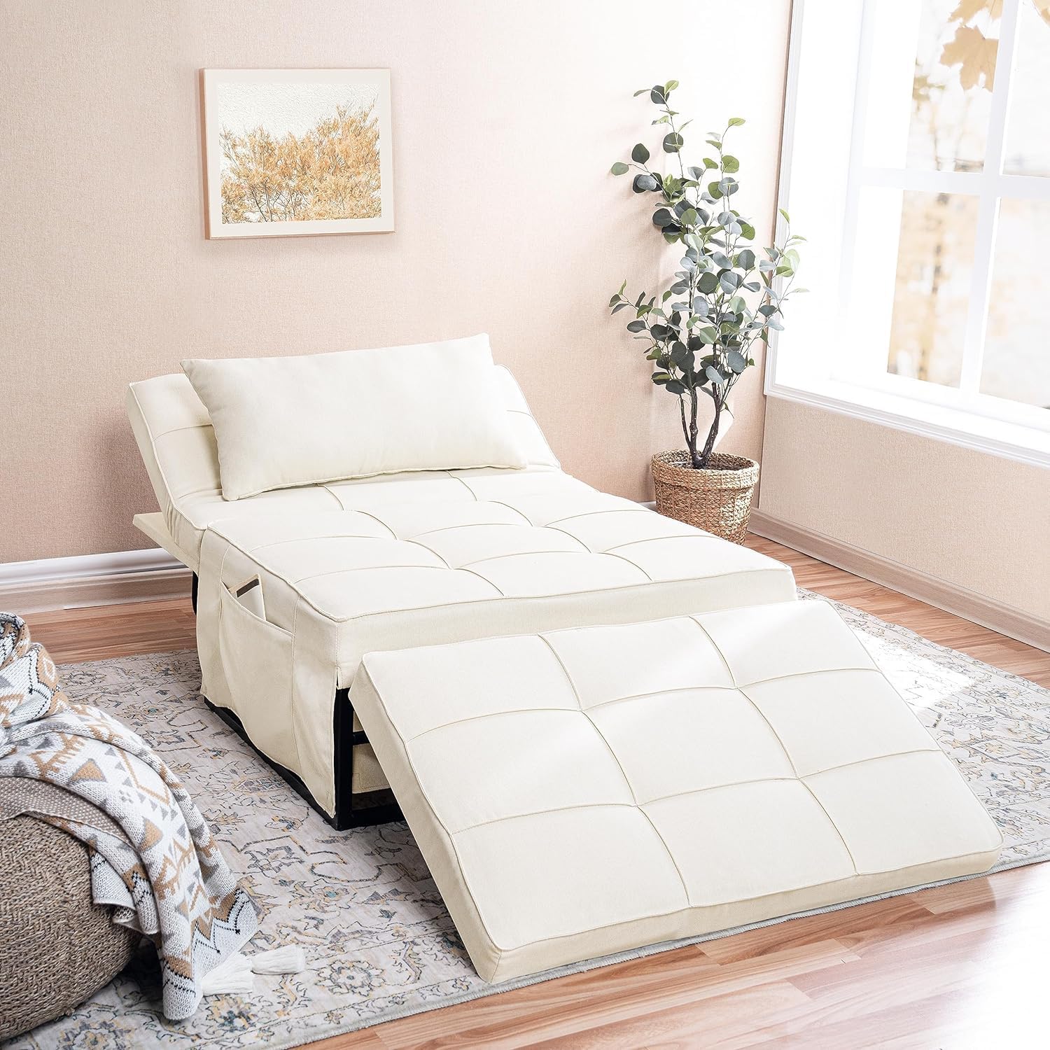 Cama con silla de dormir, cama otomana convertible multifunción 4 en 1, silla de cama de lino transpirable, sofá cama convertible con respaldo