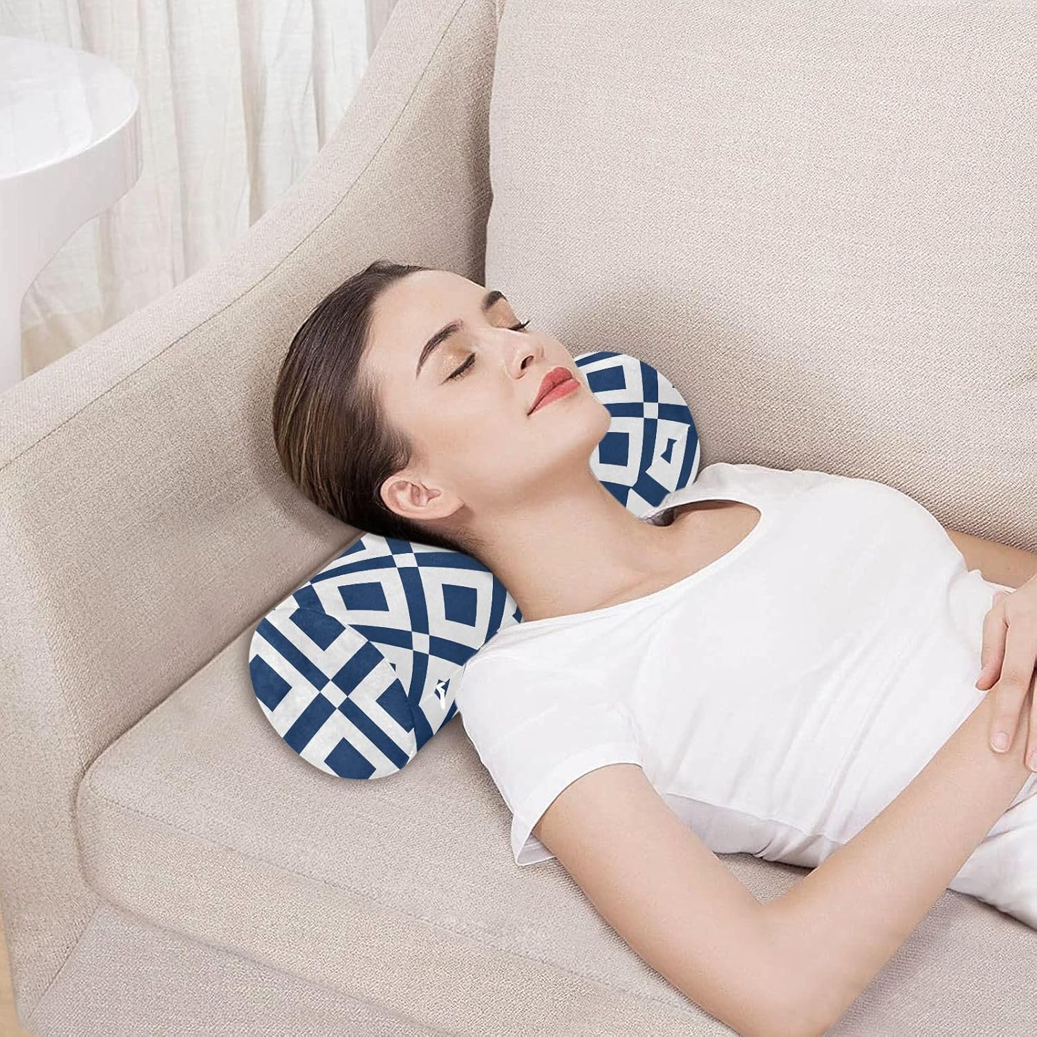 KLL Abstract Zigzag and Rhombus Blue Round Cervical Roll Bolster Pillow Neck Roll Pillow Decorative Soft Round Pillow Cylinder Neck Roll Pillow
