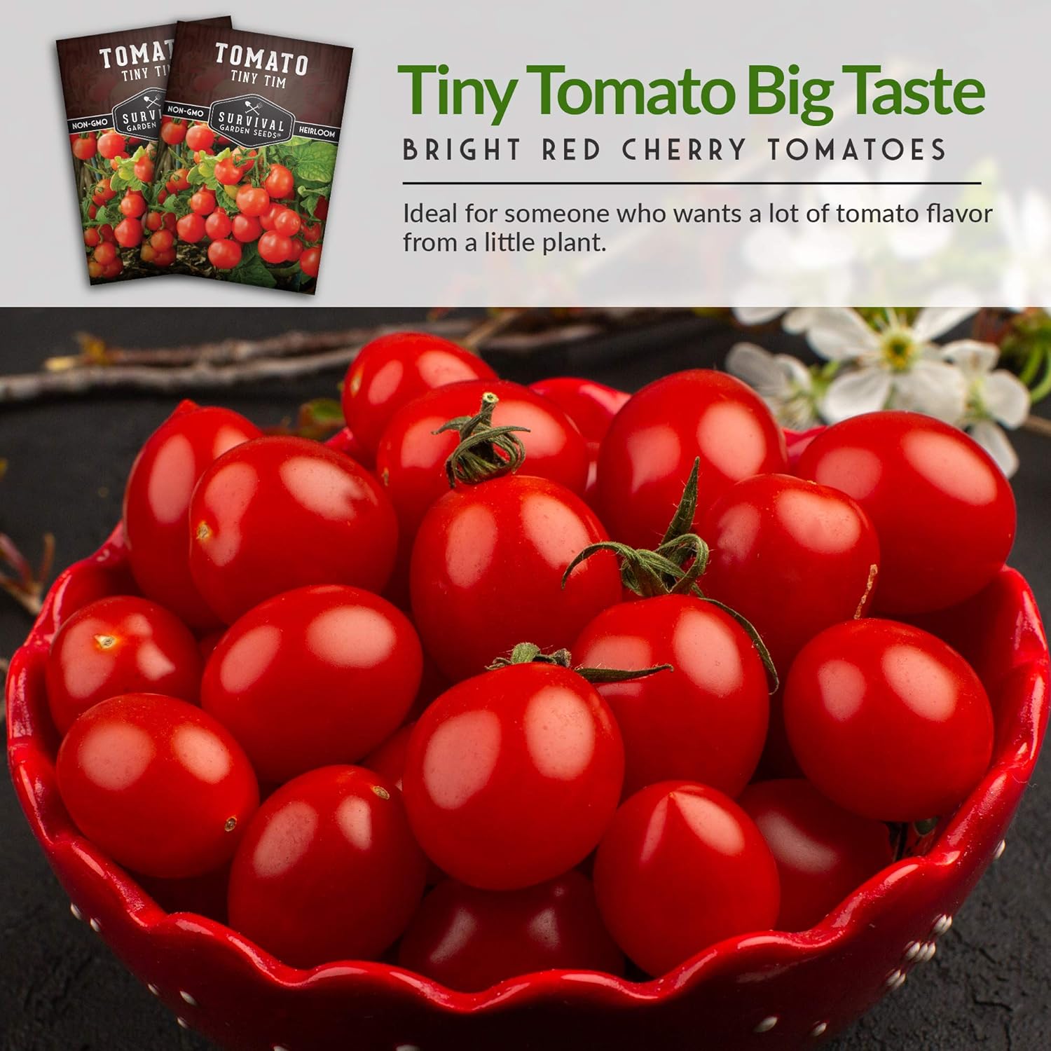 Survival Garden Seeds – Tiny Tim Semilla de tomate para plantar – Paquete con instrucciones para plantar y cultivar tomates pequeños en tu huerto