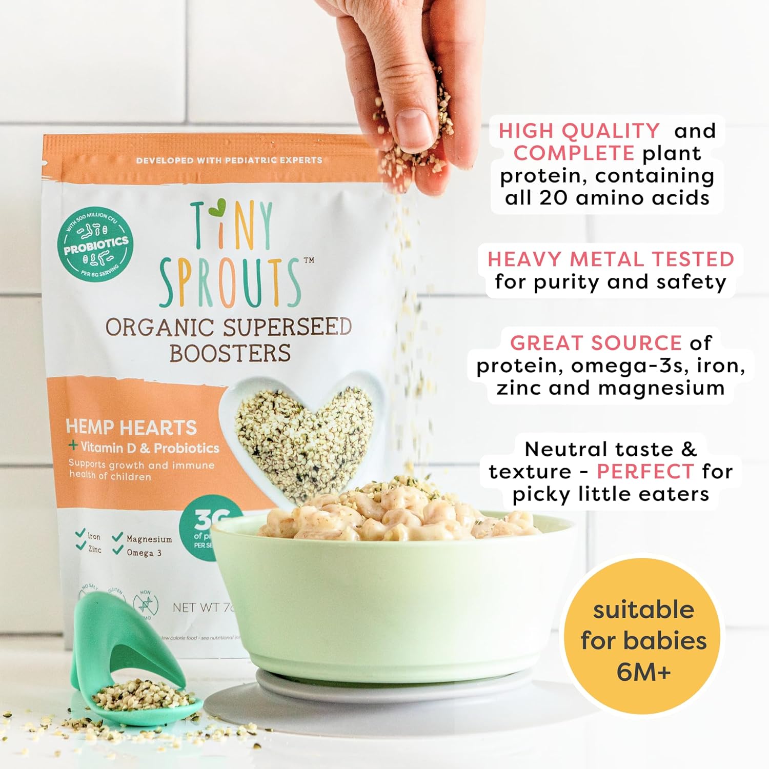 Tiny Sprouts Corazones de cáñamo orgánico regenerativo + probiótico de porción completa + vitamina D3 I potenciador de semillas de cáñamo para bebés