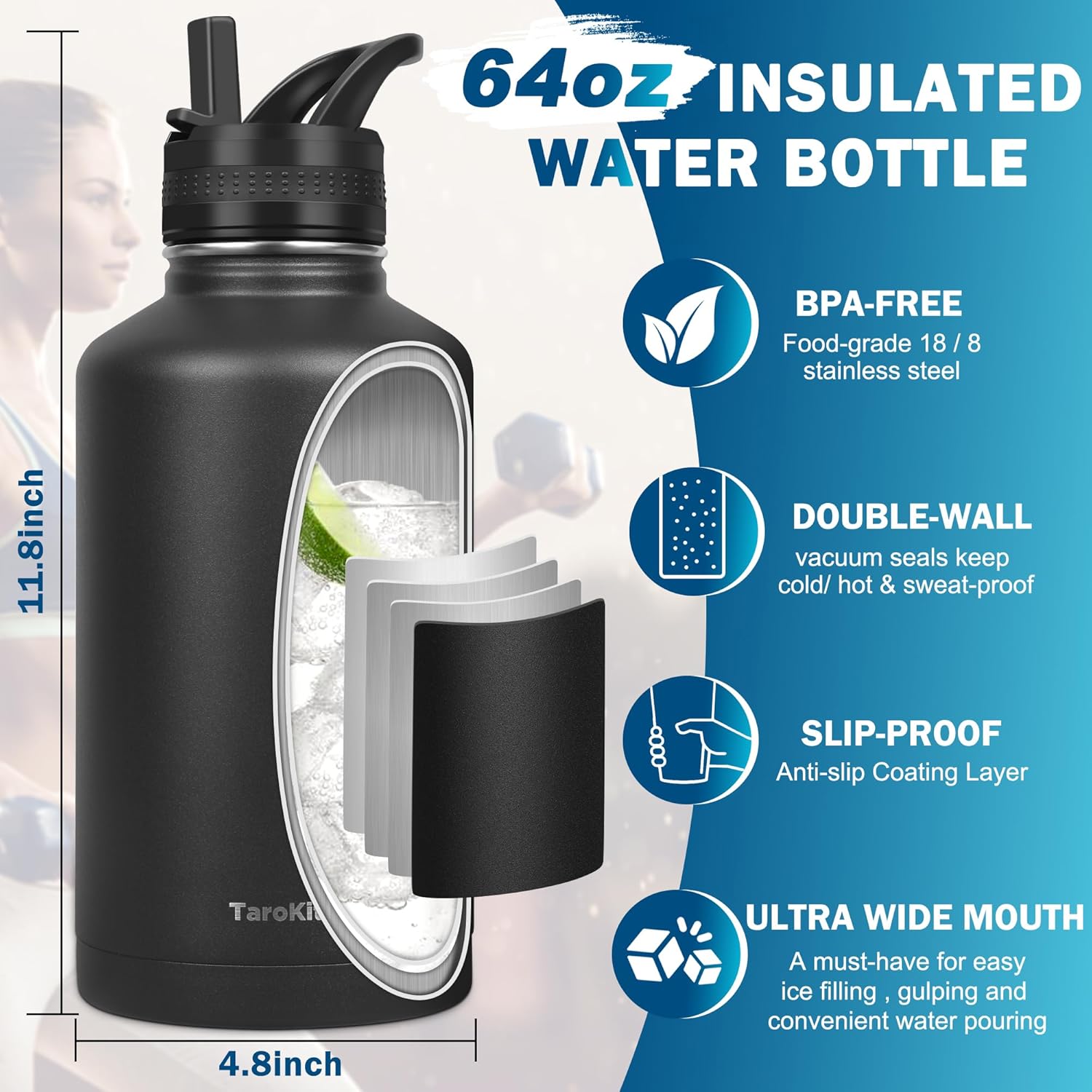 TaroKitc Botellas de agua aisladas de 64 onzas con popote, 2 tapas, botella de agua deportiva de acero inoxidable aislada al vacío de medio galón,