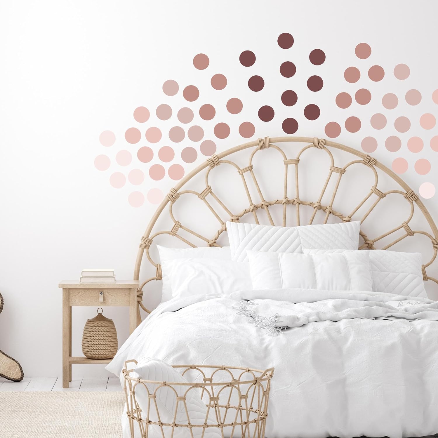 Calcomanías de pared de lunares rosados, 150 calcomanías de pared bohemias de 2 pulgadas para dormitorio, guardería o sala de juegos, calcomanías de