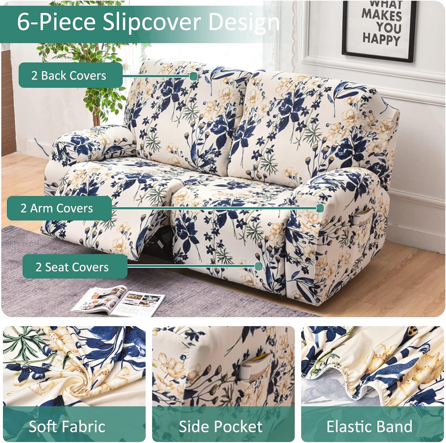 NILUOH Fundas para sofá biplaza reclinable, 6 piezas, fundas elásticas para sofá reclinable de 2 asientos, protector de muebles con parte inferior
