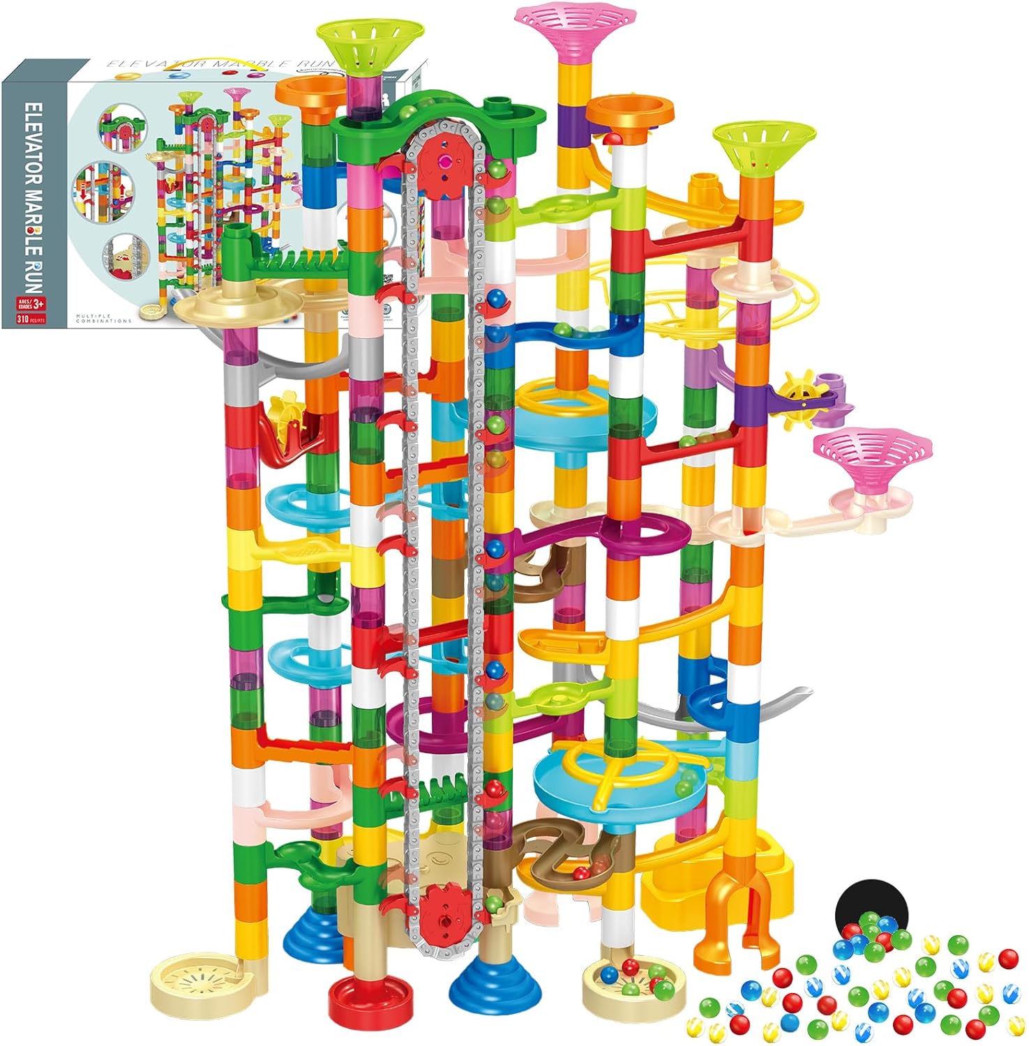 Marble Run con elevador motorizado, 310 piezas de bloques de construcción de juegos de laberinto, juguetes con canicas de plástico brillantes de