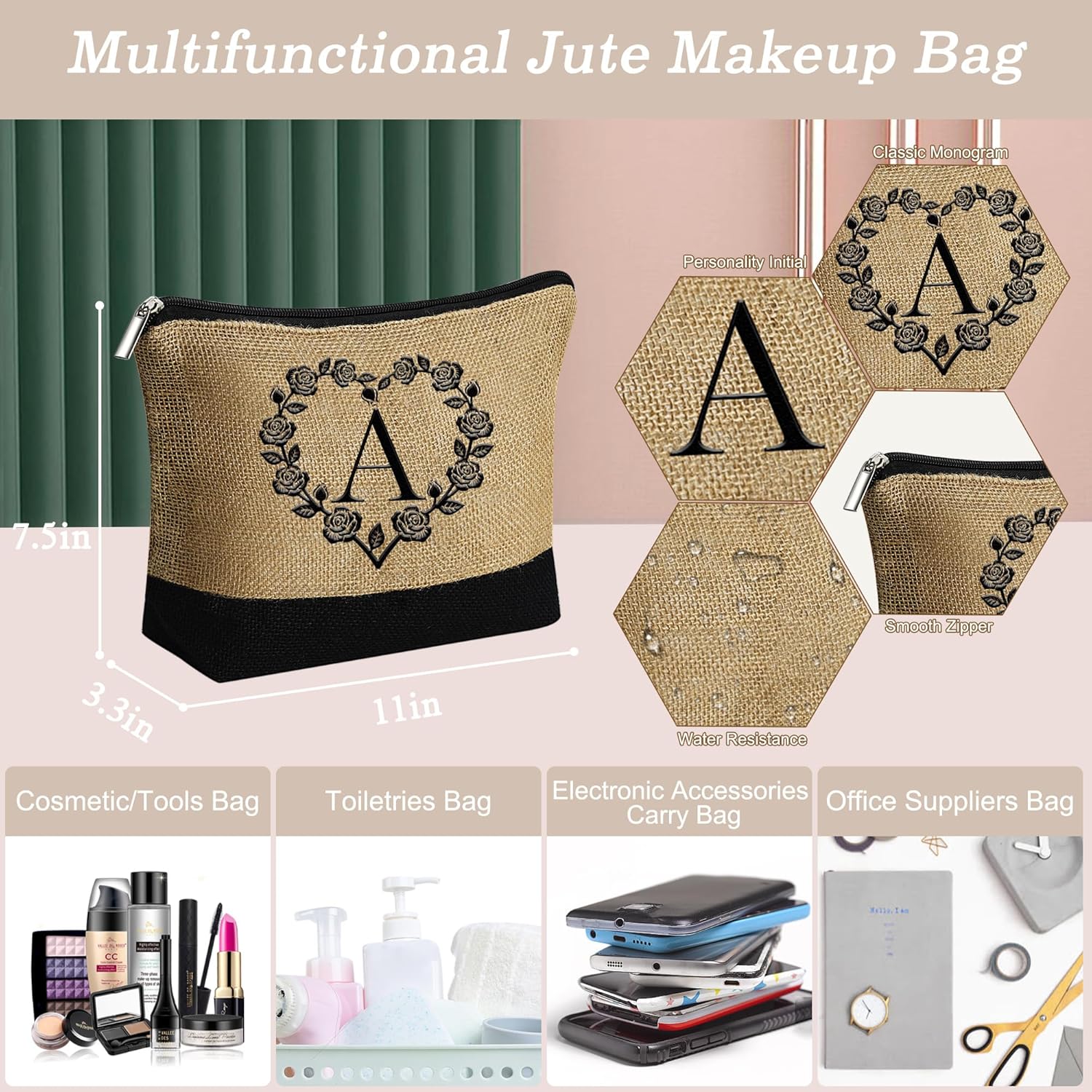 Bolsa de yute con inicial y bolsa de maquillaje, bolsa de mano con monograma bordado con correa, regalos de cumpleaños personalizados para mujeres,