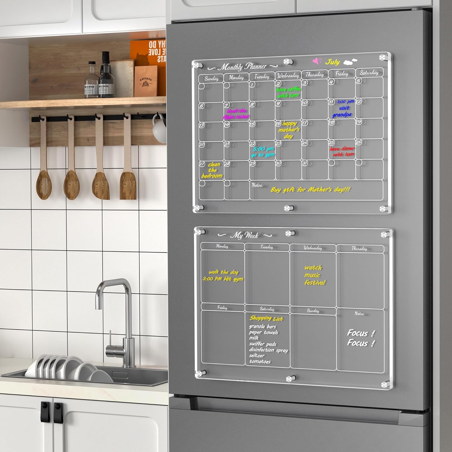 Calendario semanal magnético acrílico para refrigerador, 16 x 12 pulgadas, calendario transparente de borrado en seco para refrigerador, tablero