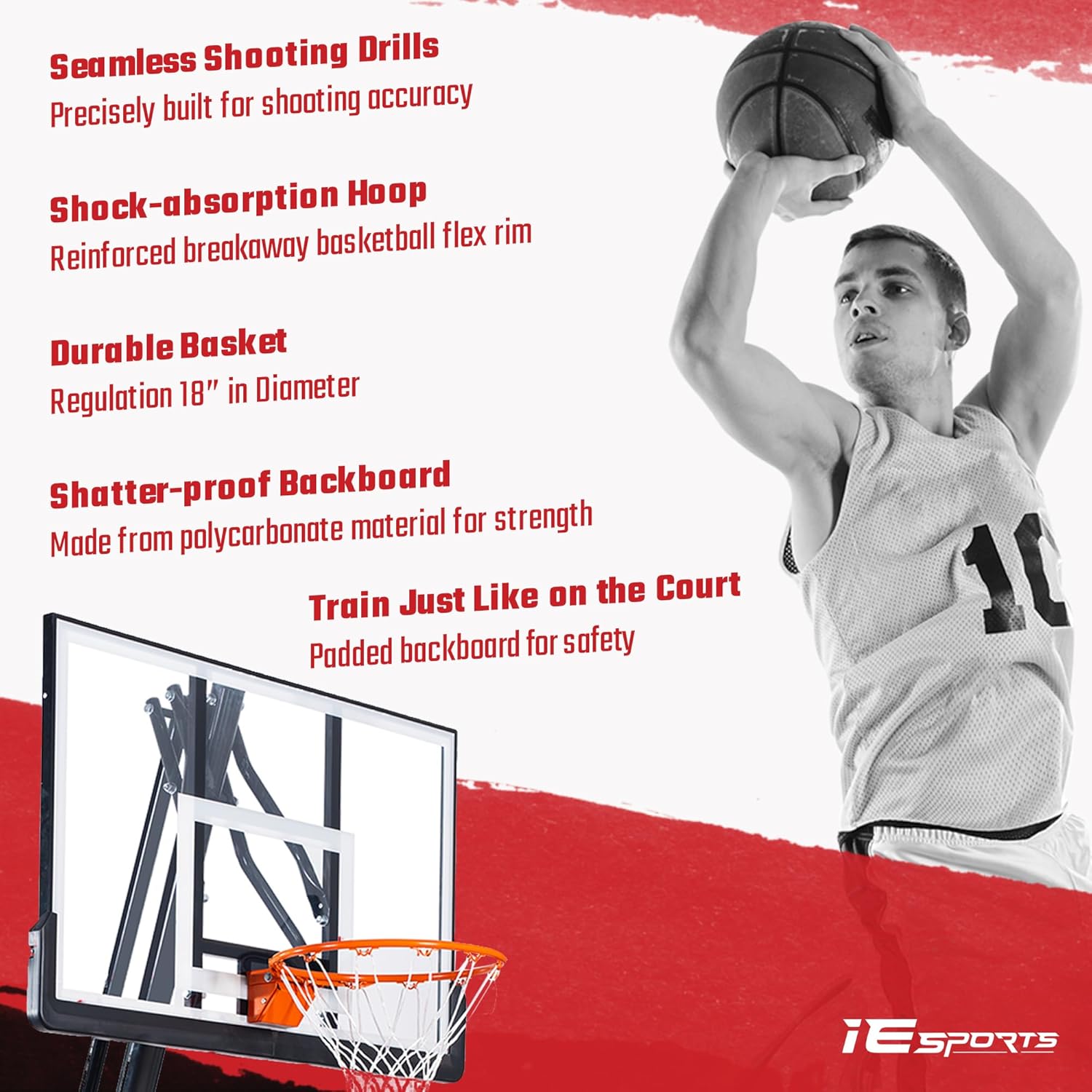 IE SPORTS Aro de baloncesto para exteriores, fácil ajuste de altura de 7.5 a 10 pies, sistema de portería de baloncesto portátil para niños y