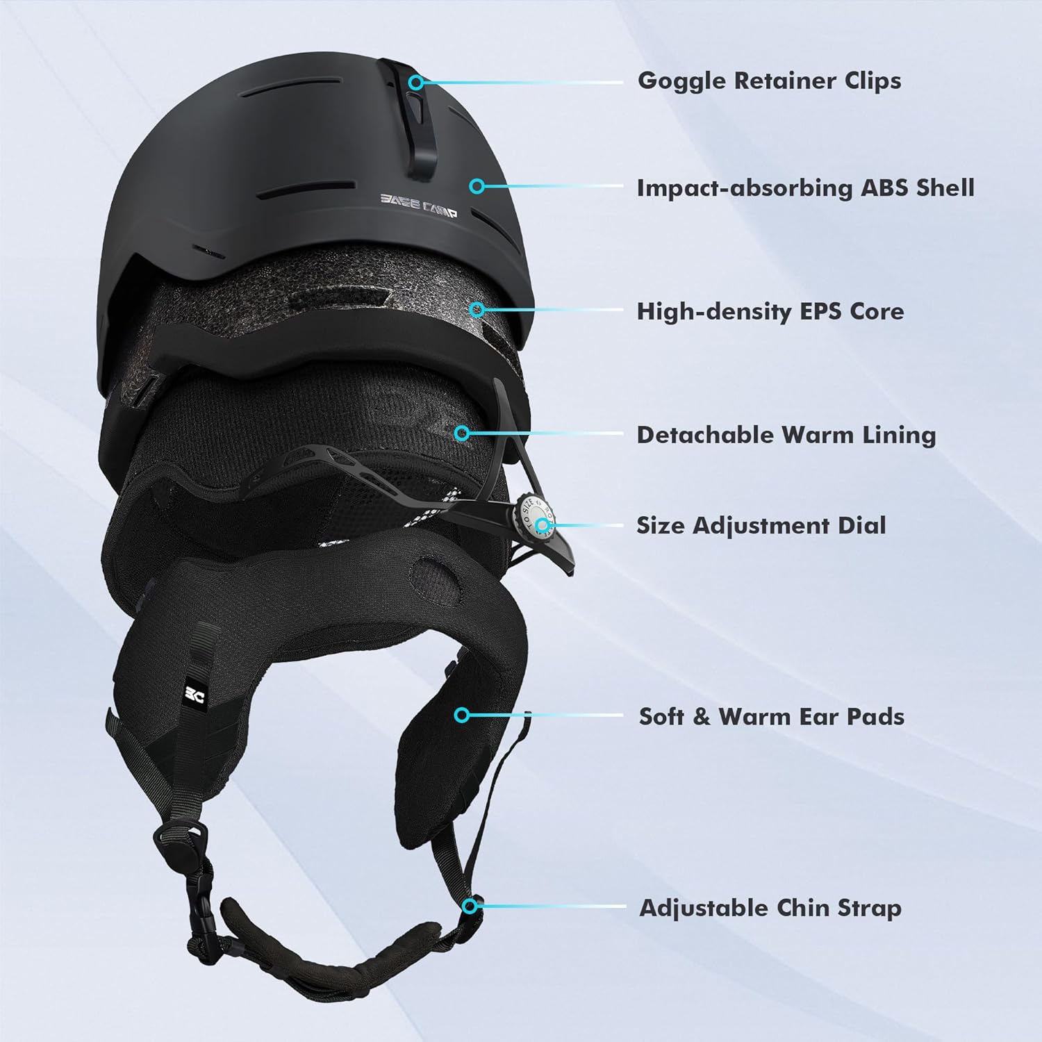 BASE CAMP SD-05 – Casco de esquí para snowboard, ajuste con esfera, compatible con gafas, almohadillas para los oídos, casco de nieve de contorno
