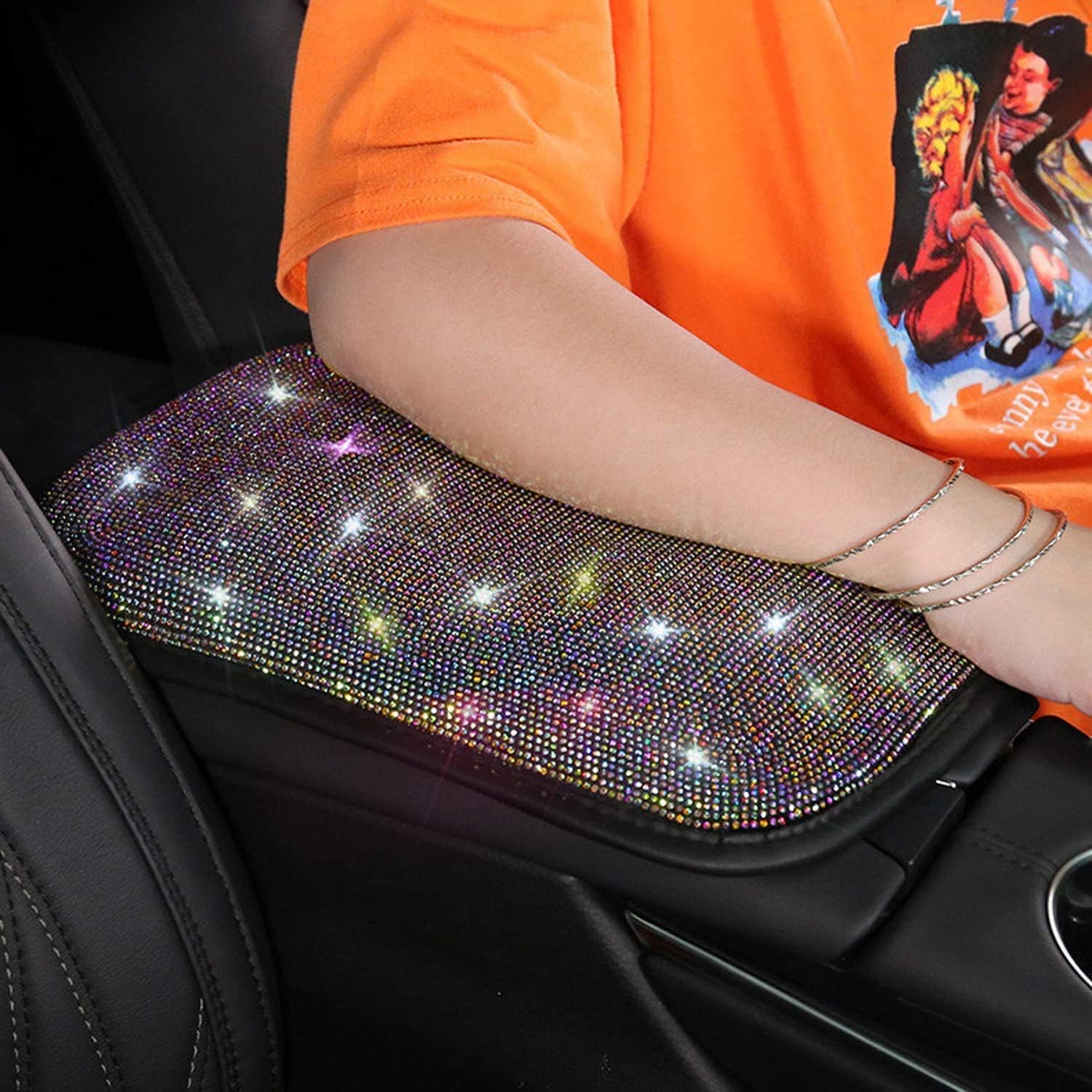 Bling Bling Auto Armrest Console Cushion, Leather Luster Crystal Arm Rest Padding Protective Case Diamond Car Decor Accessories for Ladies