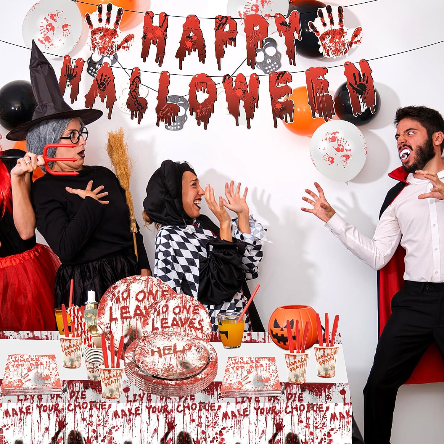 SelfTek Juego de vajilla de 177 piezas de suministros para fiesta de Halloween, decoraciones de fiesta de Halloween, vajilla desechable, platos de