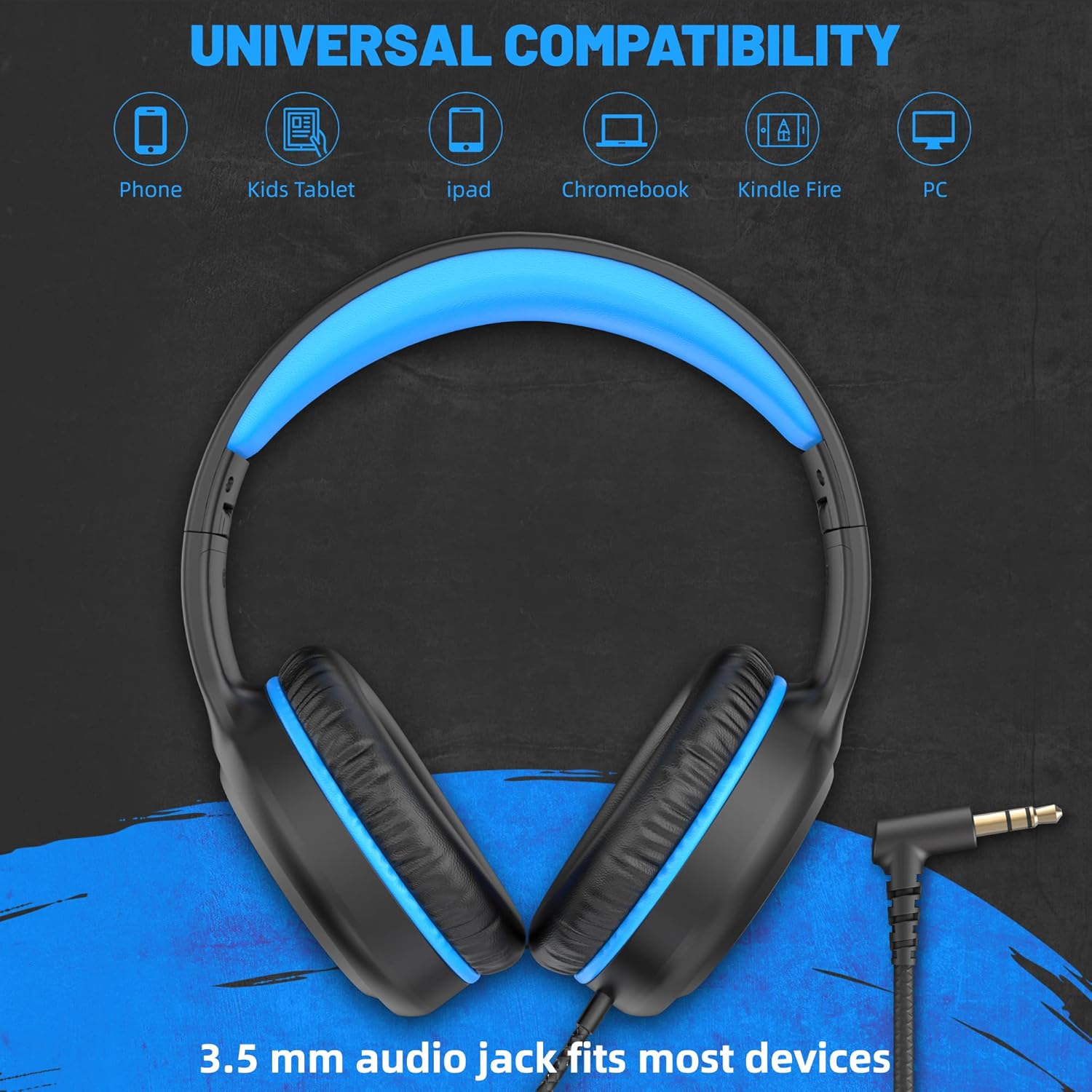 Auriculares azules con cable para niños, auriculares plegables con cable para jóvenes, estudiantes, niños, auriculares estéreo portátiles