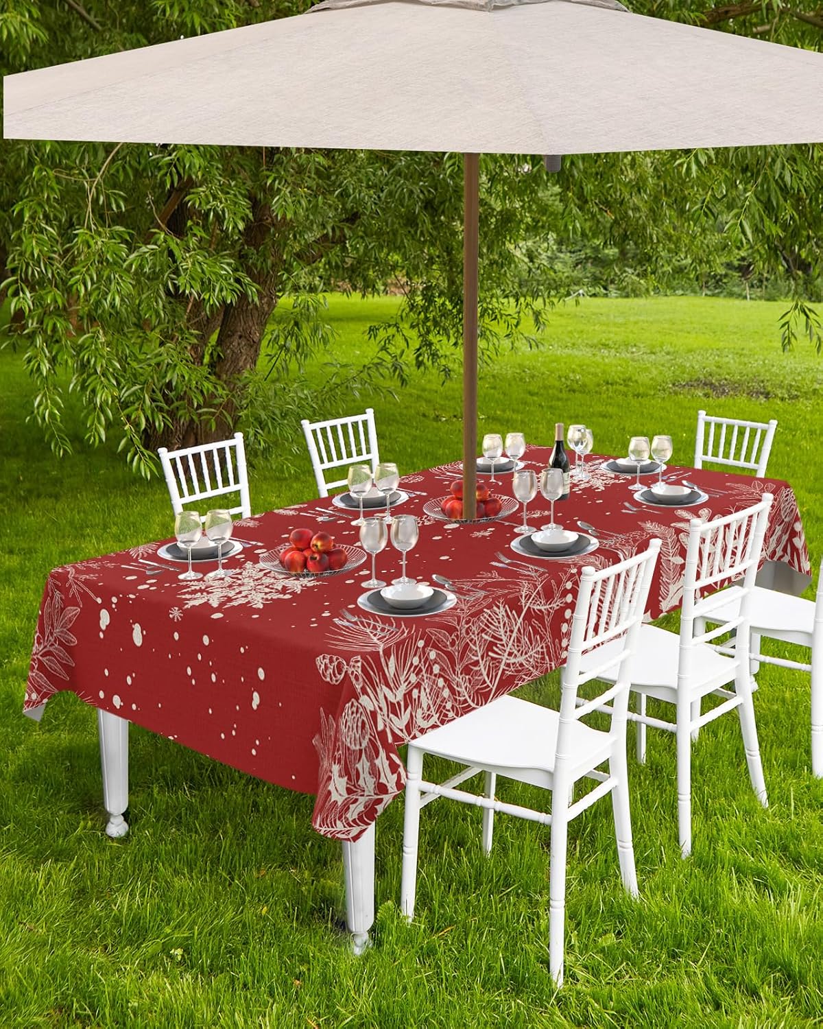 Mantel de Navidad para exteriores con agujero para paraguas, mantel impermeable con cremallera para mesas rectangulares, copos de nieve, árboles