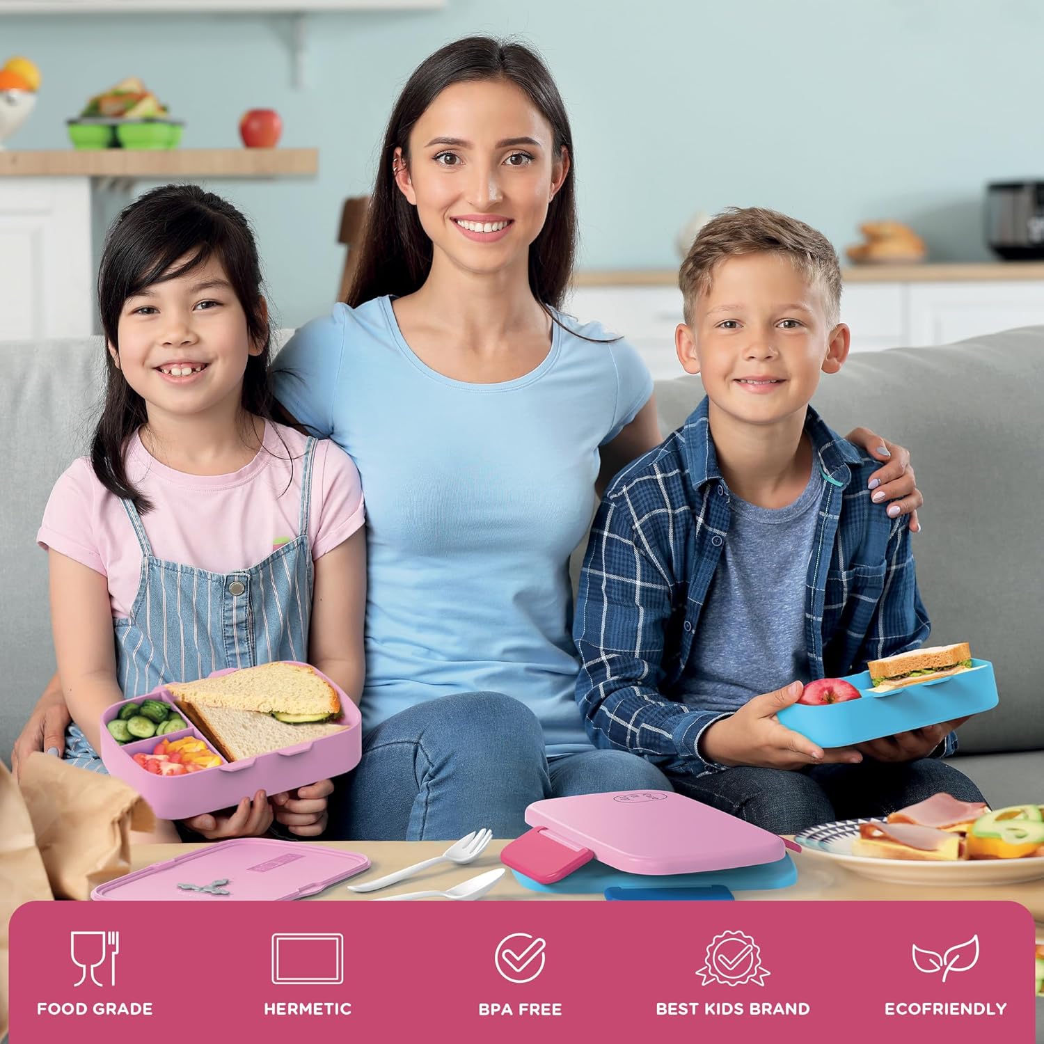 Lonchera Bento para niños y niñas con juego de cubiertos, hojas de calcomanías (más de 5 años), caja de almuerzo de 3 compartimentos a prueba de