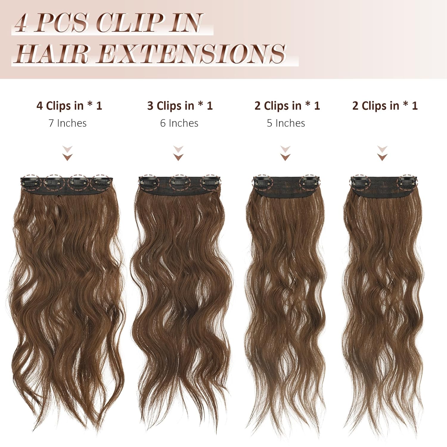 FESHFEN 4 extensiones de cabello con clip, extensiones de cabello sintético largo ondulado con clip, extensiones de cabello sintético de cabeza