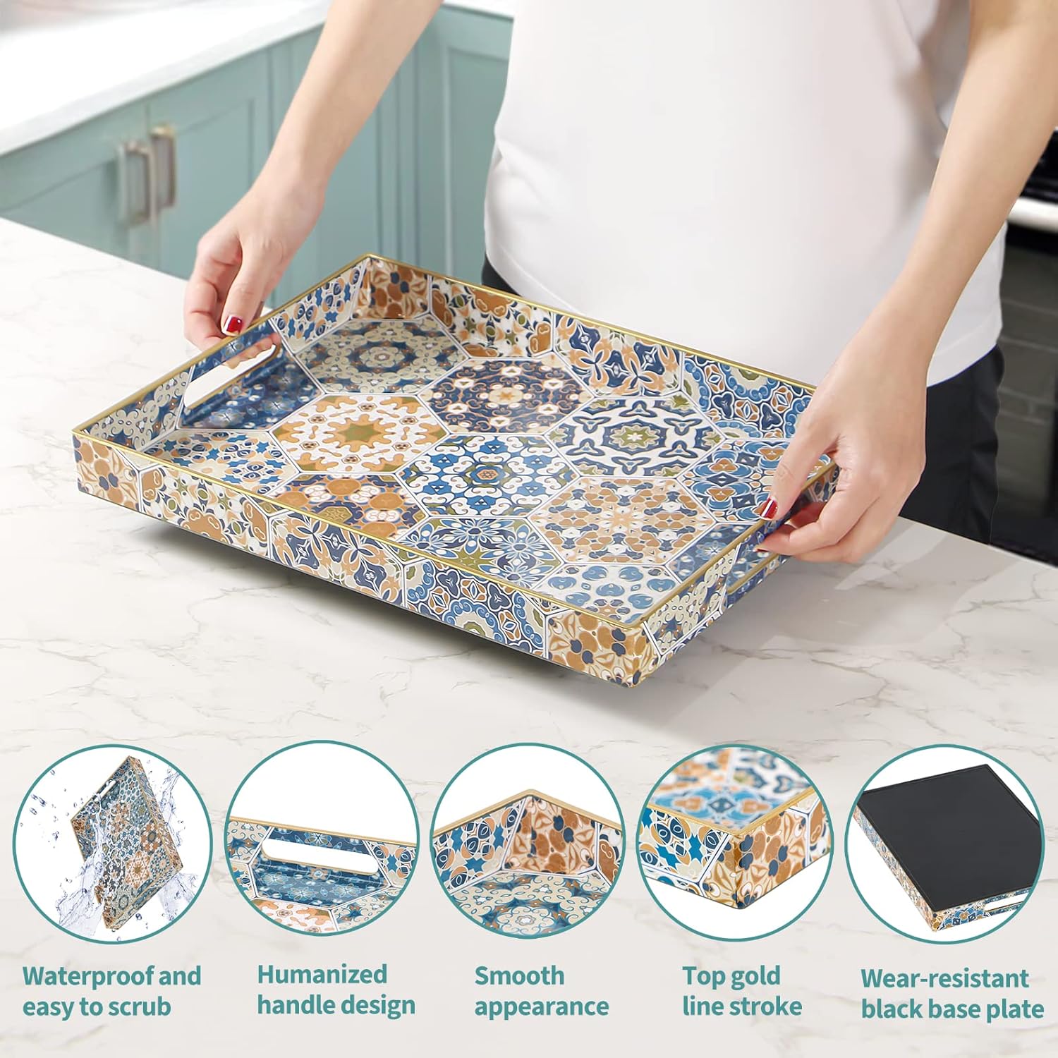 Cadroger Bandeja de mesa auxiliar para sala de estar, delicada bandeja para servir con asas, moderna bandeja otomana rectangular de plástico,