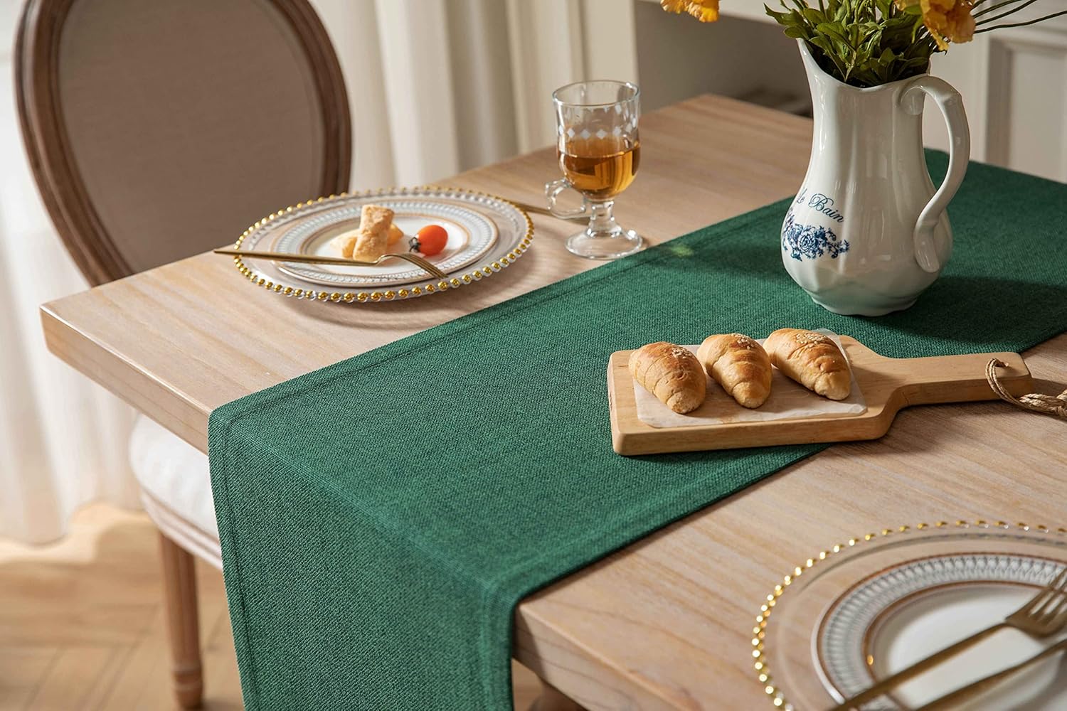 ZeeMart Camino de mesa de arpillera estilo granja de 90 pulgadas de largo, camino de mesa de comedor tejido rústico verde para uso diario, 14 x 90