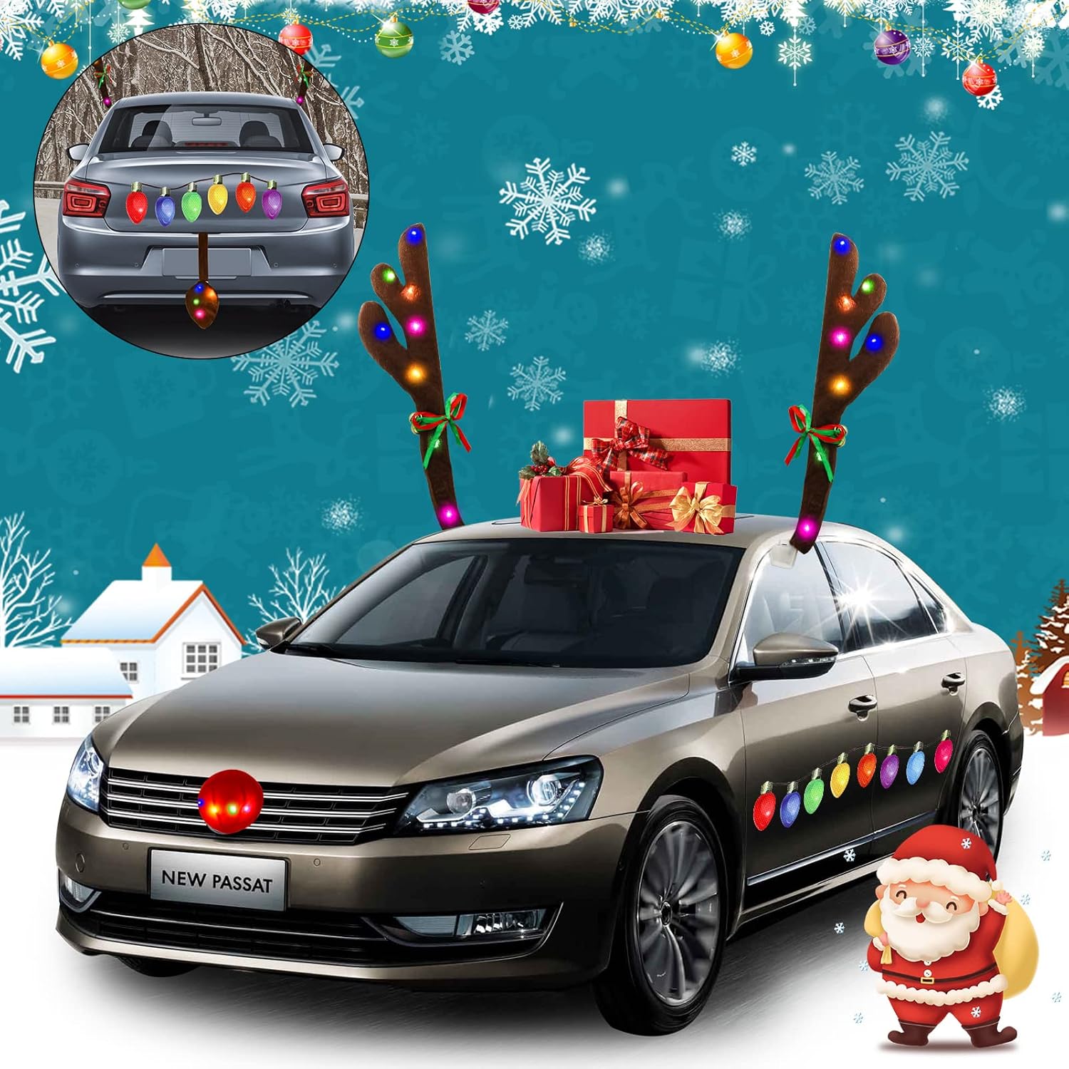 Juego de cuernos de reno para automóviles, cornamentas de reno de Navidad con luz LED de color, decoraciones de automóvil con cuernos, nariz roja,