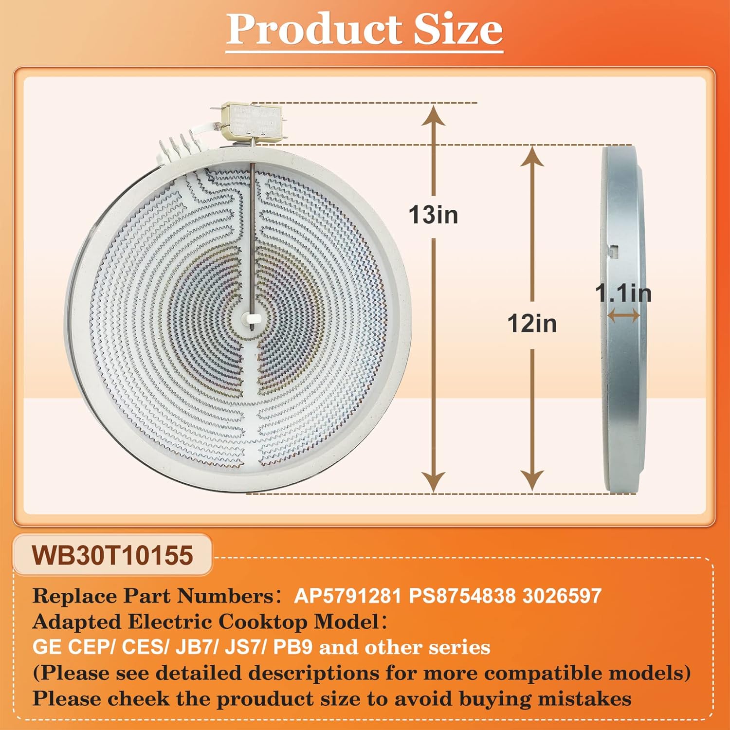 WB30T10155 Elemento de superficie de radián Haliant de 12 pulgadas. Reemplaza AP5791281, PS8754838, 3026597. WB30T10155 compatible con GE Glass Top