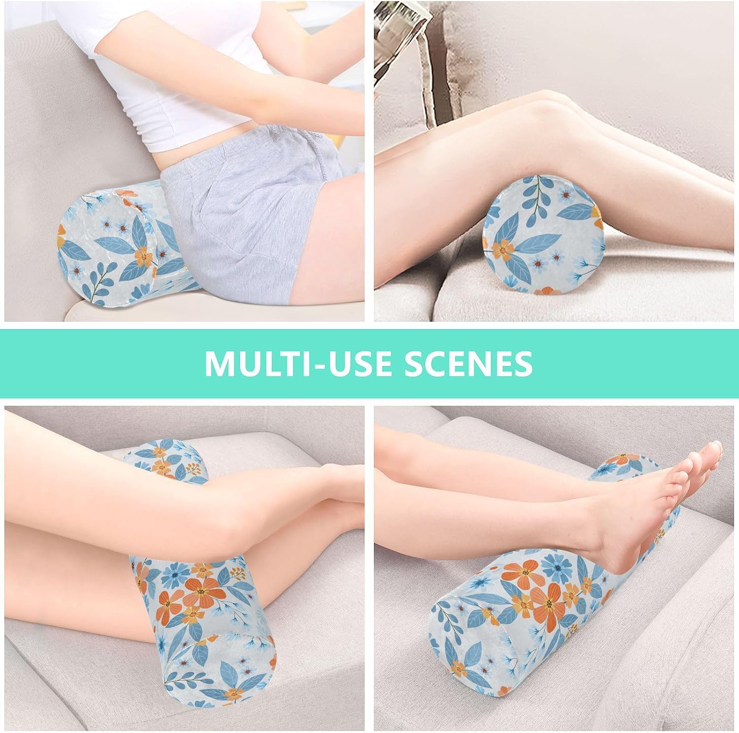 KLL Colorful Hand Draw Flowers Bolster Pillow Foam Neck Roll Pillow Round Pillows for Neck Cylinder Cervical Pillow Pillow Support for Legs