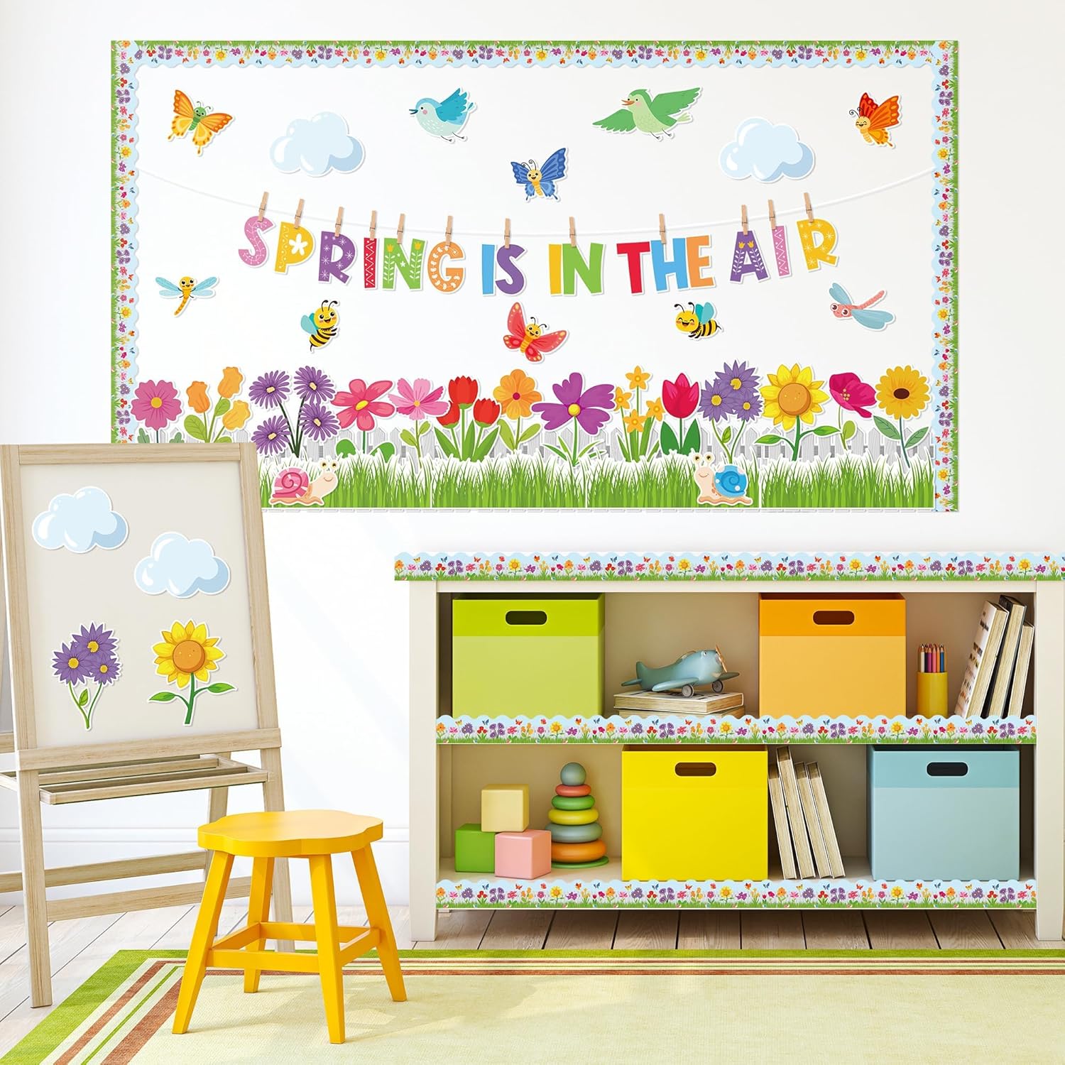 AsodSway 119P Spring is in The Air – Recortes para tablón de anuncios, decoración de aula, flores de primavera, césped, cerca, nube, pájaros,