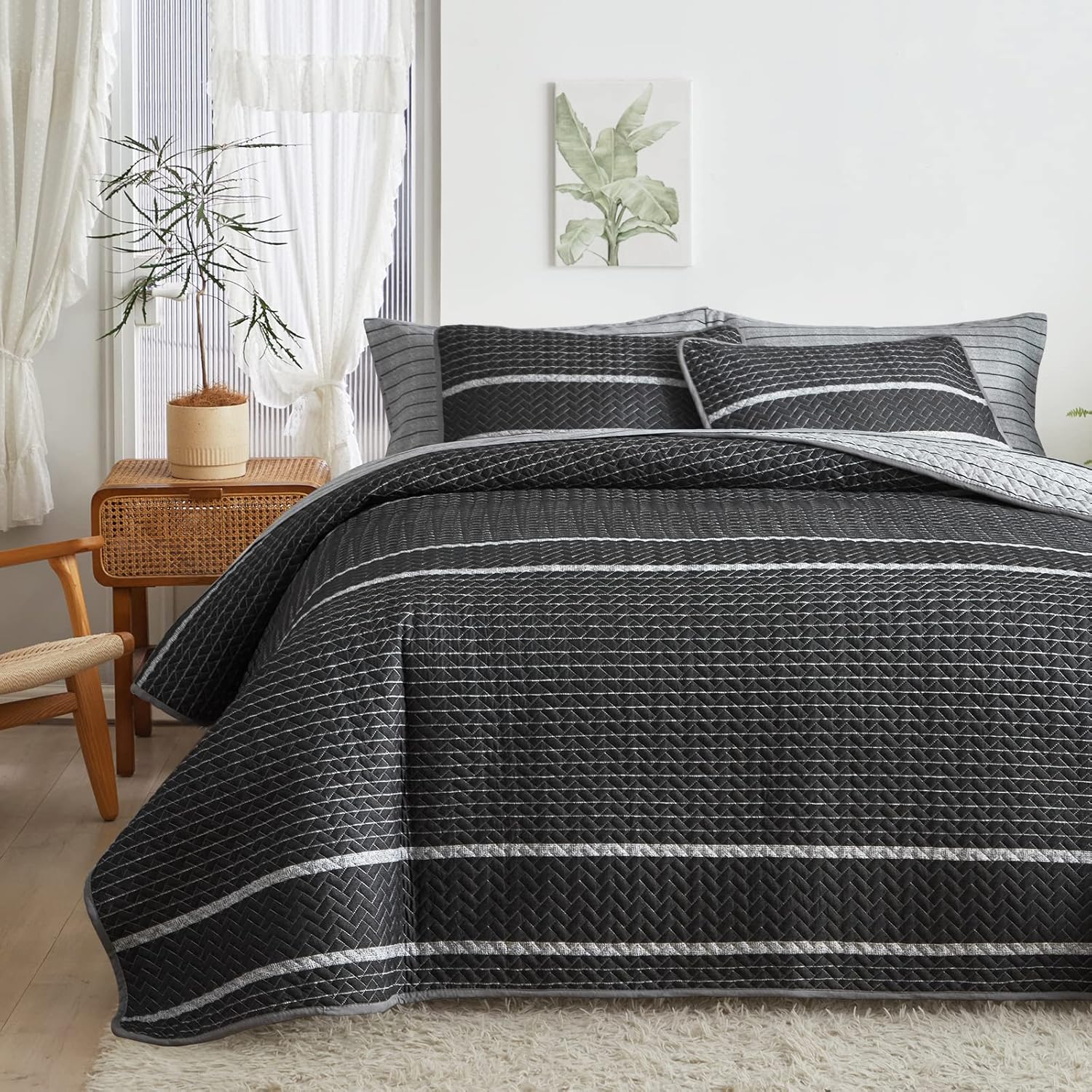 Flysheep Juego de edredón bohemio gris oscuro tamaño individual para niños, 2 piezas de edredón reversible a rayas blancas sobre negro, colcha de