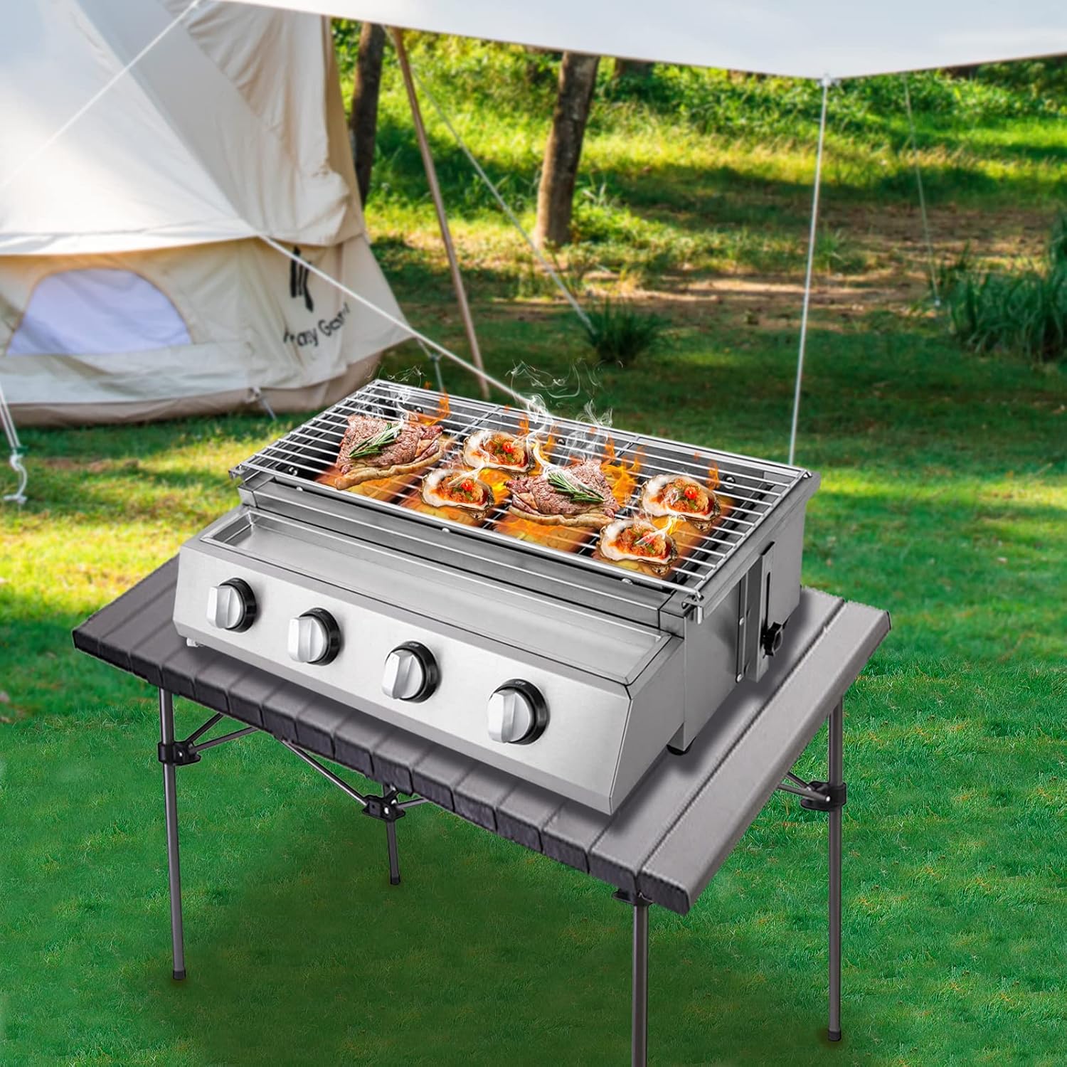 Parrillas de gas portátiles de propano, parrillas de gas propano de 4 quemadores, parrilla de barbacoa de gas al aire libre con bandeja de captura