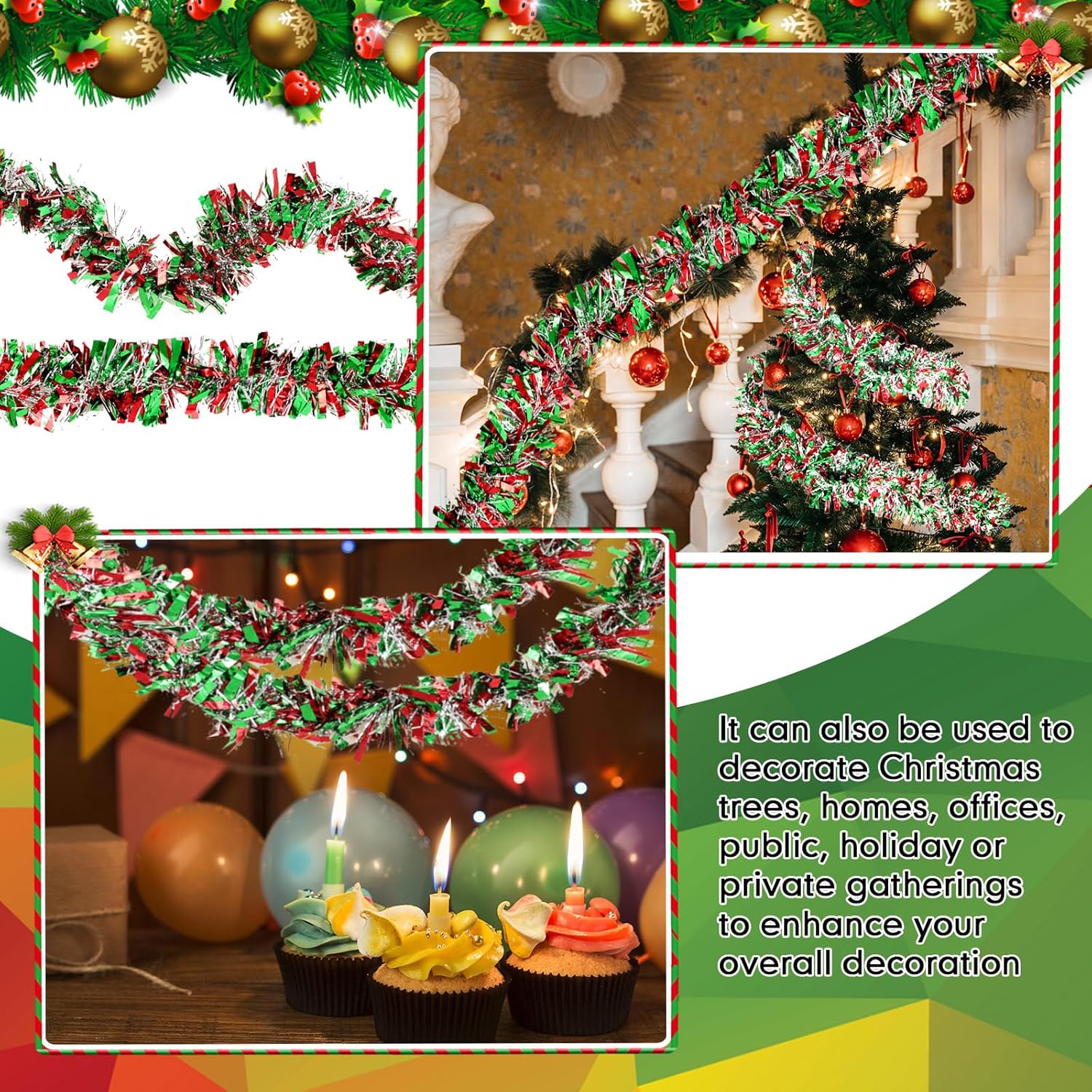 Guirnalda de oropel de Navidad de 118 pies con brillantina, guirnalda metálica para árbol de Navidad, guirnalda colgante de techo brillante para