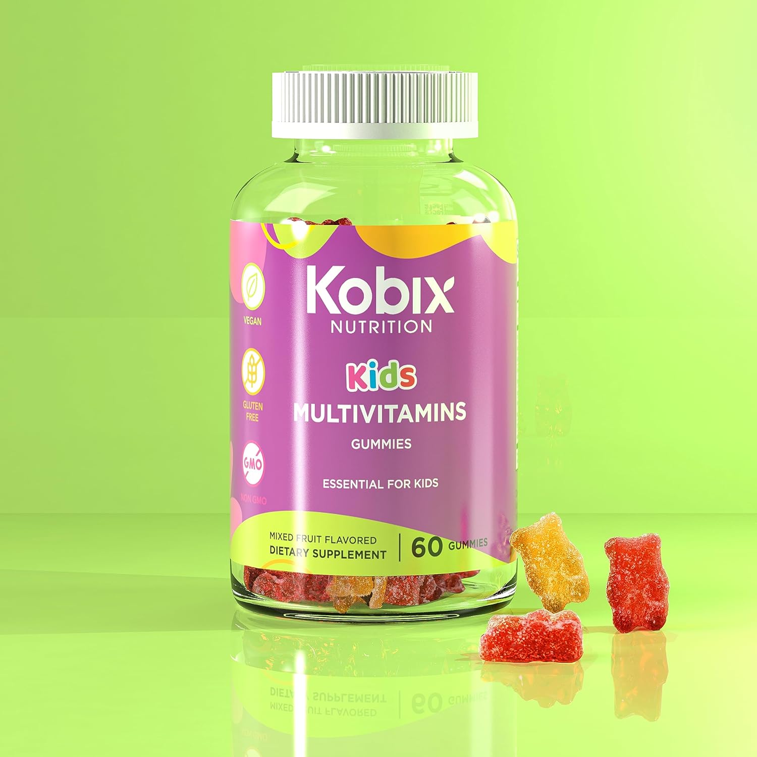 Kobix – Gomitas multivitamínicas para niños, vitaminas para niños, Kosher sin OMG, veganas, sin gluten, 60 gomitas esenciales para niños