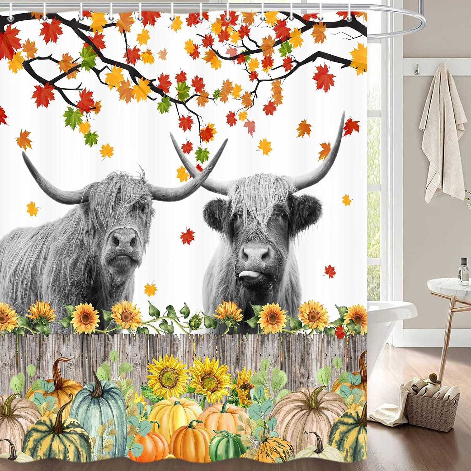 Highland – Cortina de ducha de vaca, rústica, granja, hojas de arce, calabaza, juego de cortinas de ducha para baño con ganchos, decoración de baño